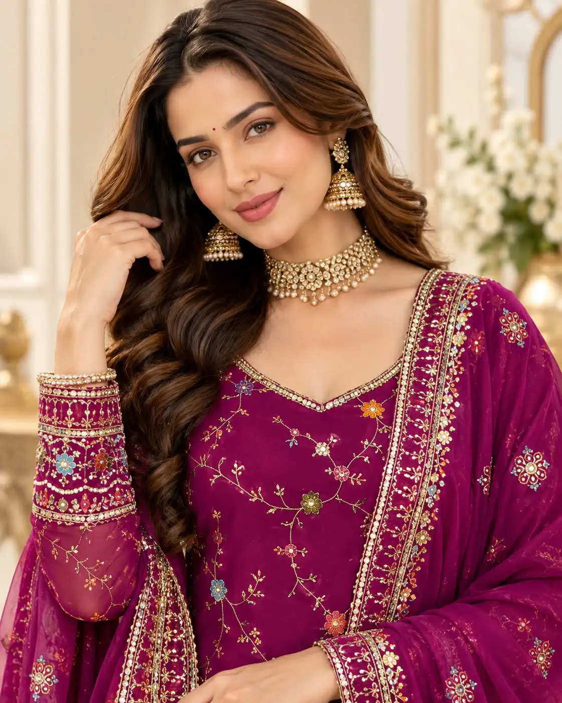 Purple Faux Georgette Embroidered Sharara Suit Set - View 2