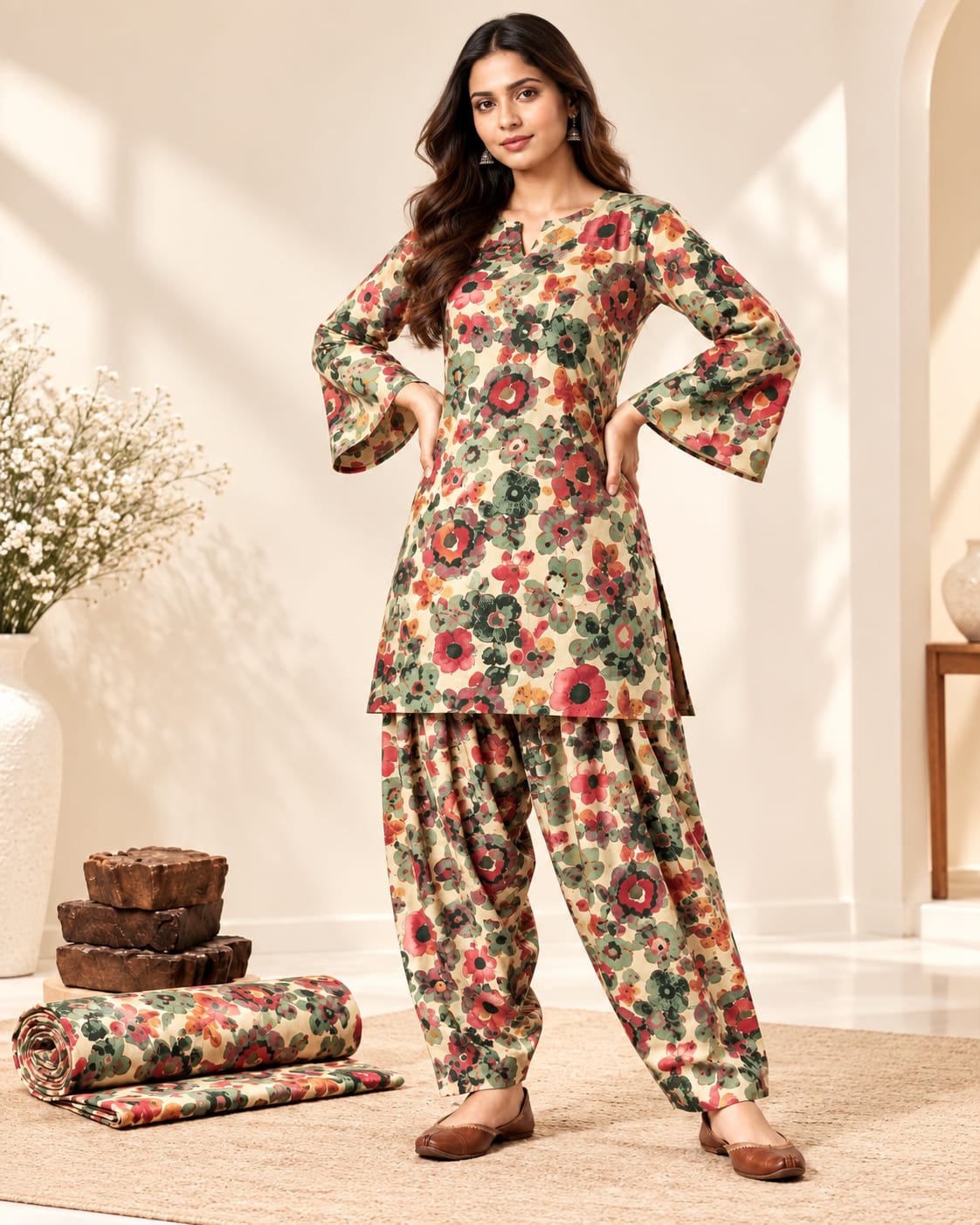 Beige Multi Floral Cotton Stitched Farsi Salwar Suit - View 2
