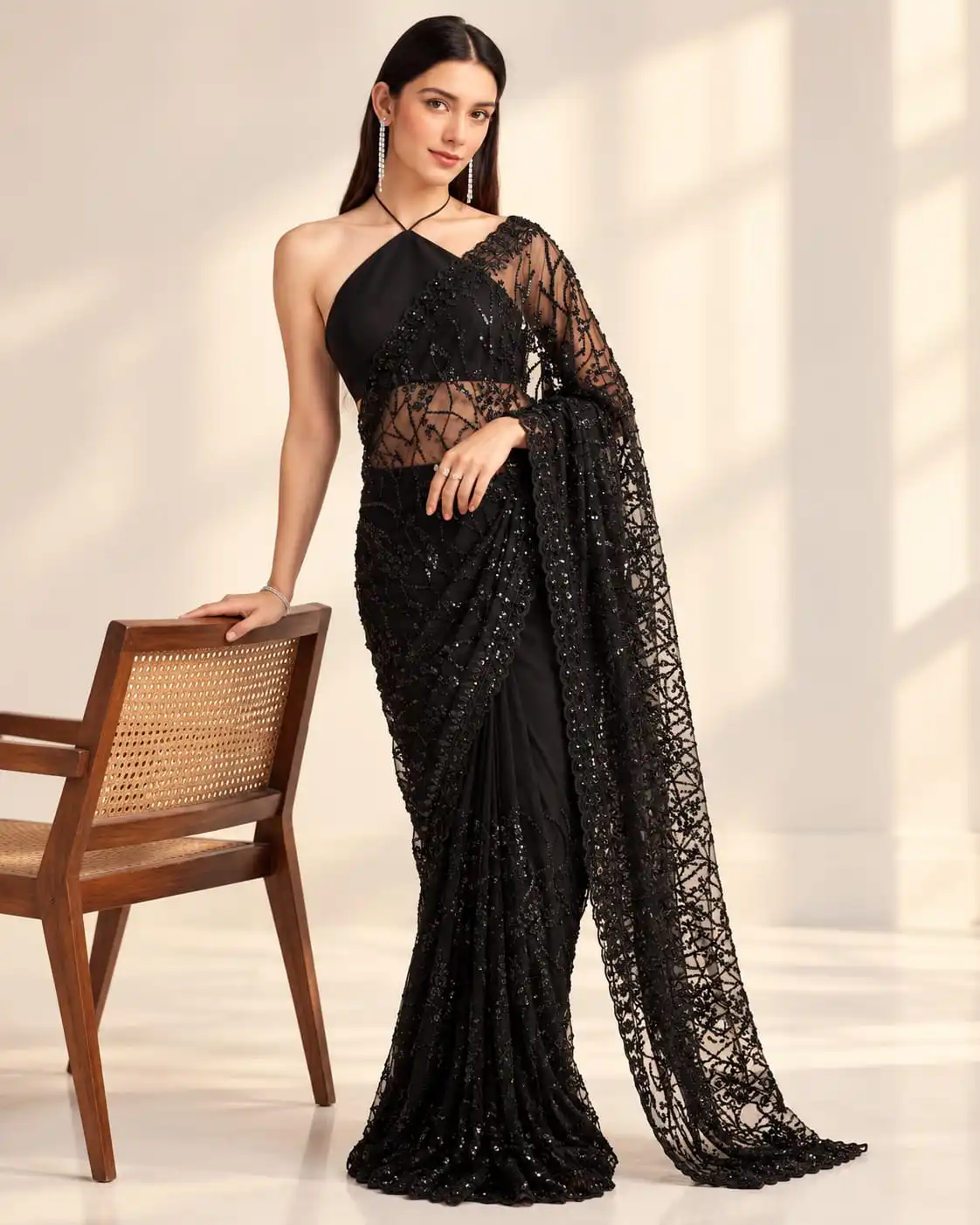 Black Bollywood Sequins Embroidery Net Saree | Designer Party Wear
