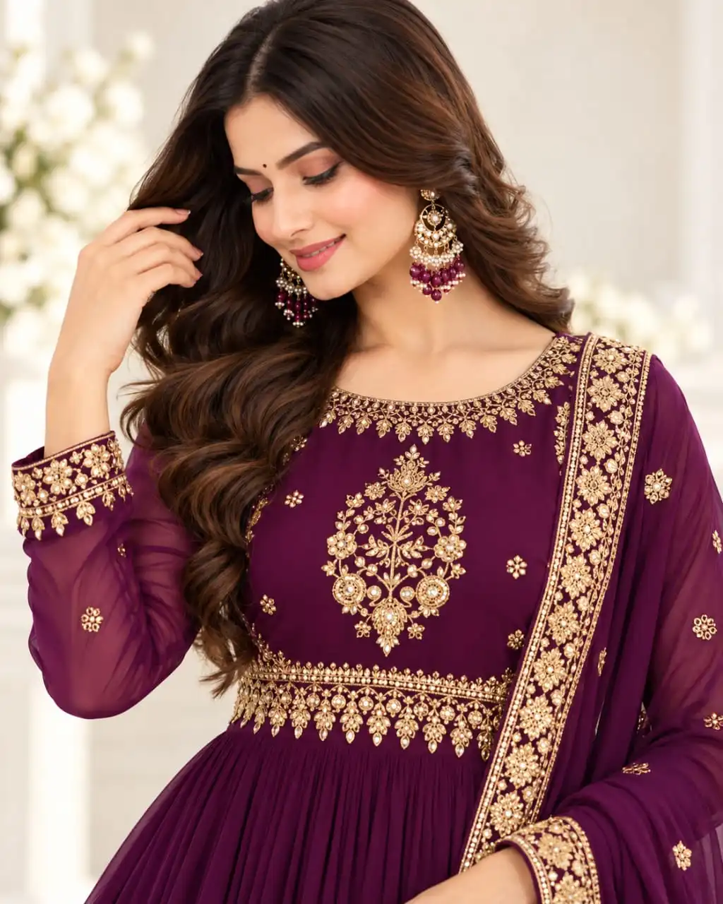 Deep Plum Faux Georgette Embroidered Gown Set | Designer Readymade Gown - View 2
