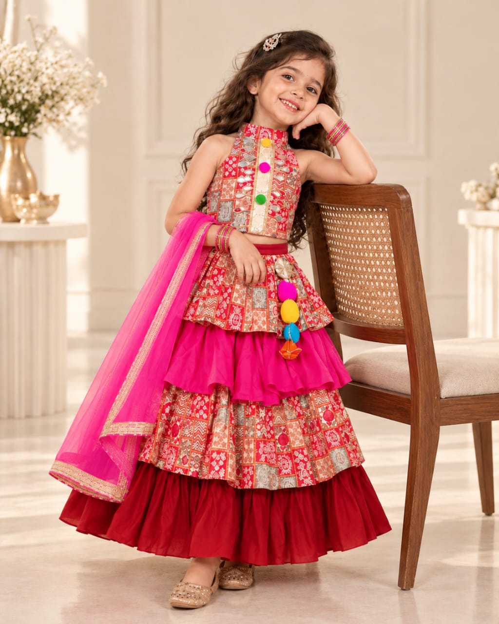Kids Dandiya Special Lehenga Choli with Mirror Work & Dupatta