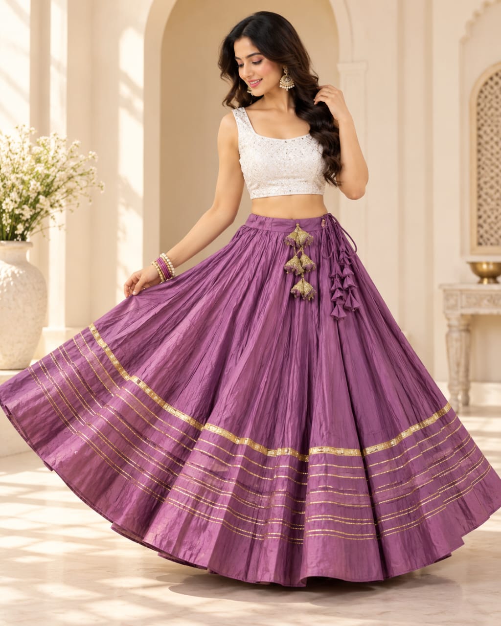Purple Rayon Cotton Heavy Lace Chaniya [NO CHOLI] - View 2