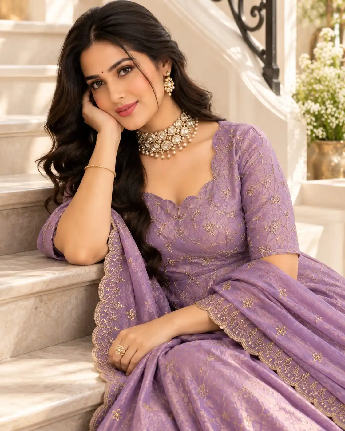 Purple Peplum Lehenga Set with Dupatta for Women - View 3