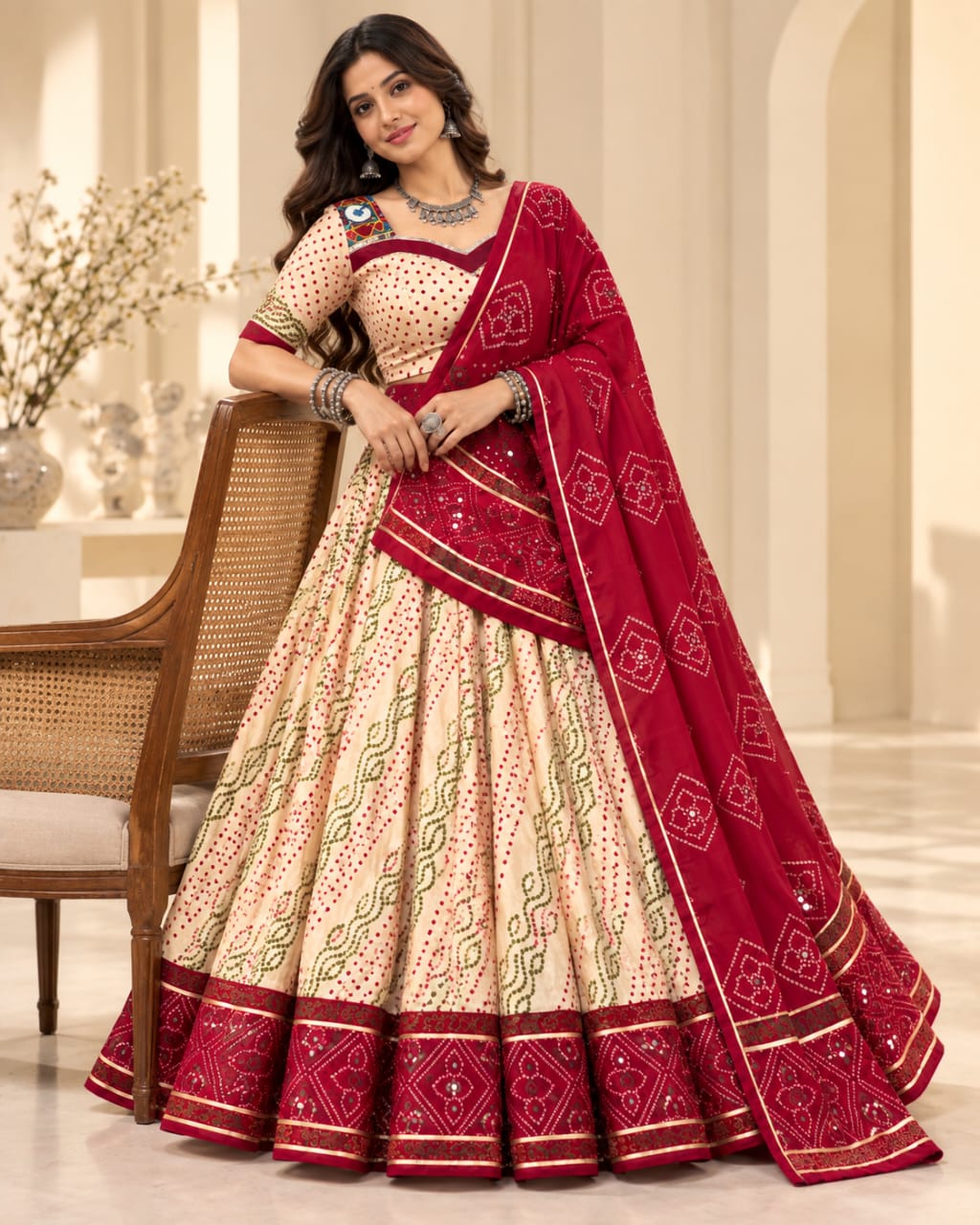 Navratri Lehenga Choli | Tasar Silk Bandhej Print With Gamthi Blouse - View 3