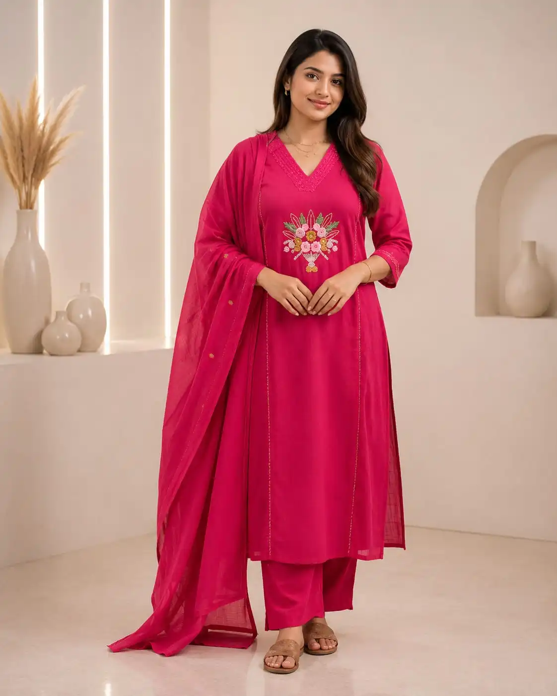 3-Piece Pink Pure Cotton Kurti Set with Matching Dupatta - View 2