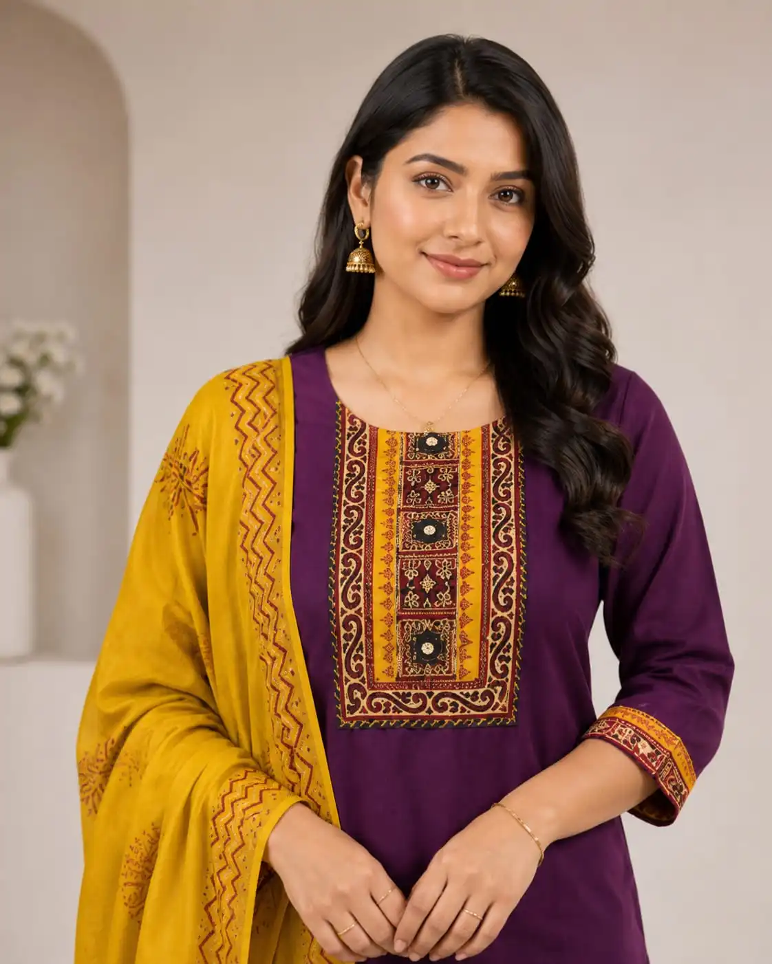 Purple Kurti Set With Mustard Yellow Dupatta - View 3