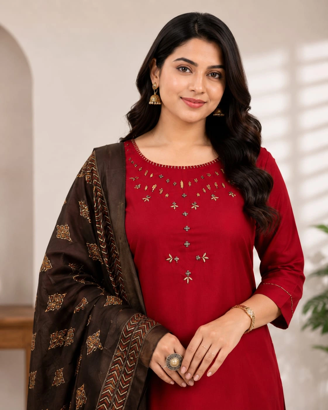 Red Pure Cotton Kurti Set with Black Printed Dupatta - View 3