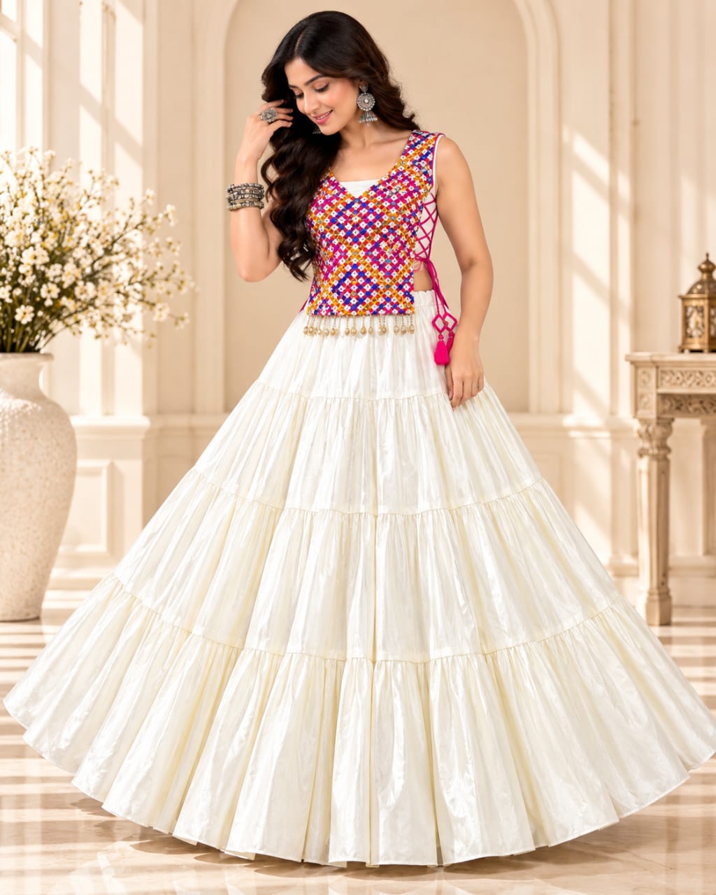 Off-White Pure Cotton Gamthi-Work Navratri Lehenga Choli Set