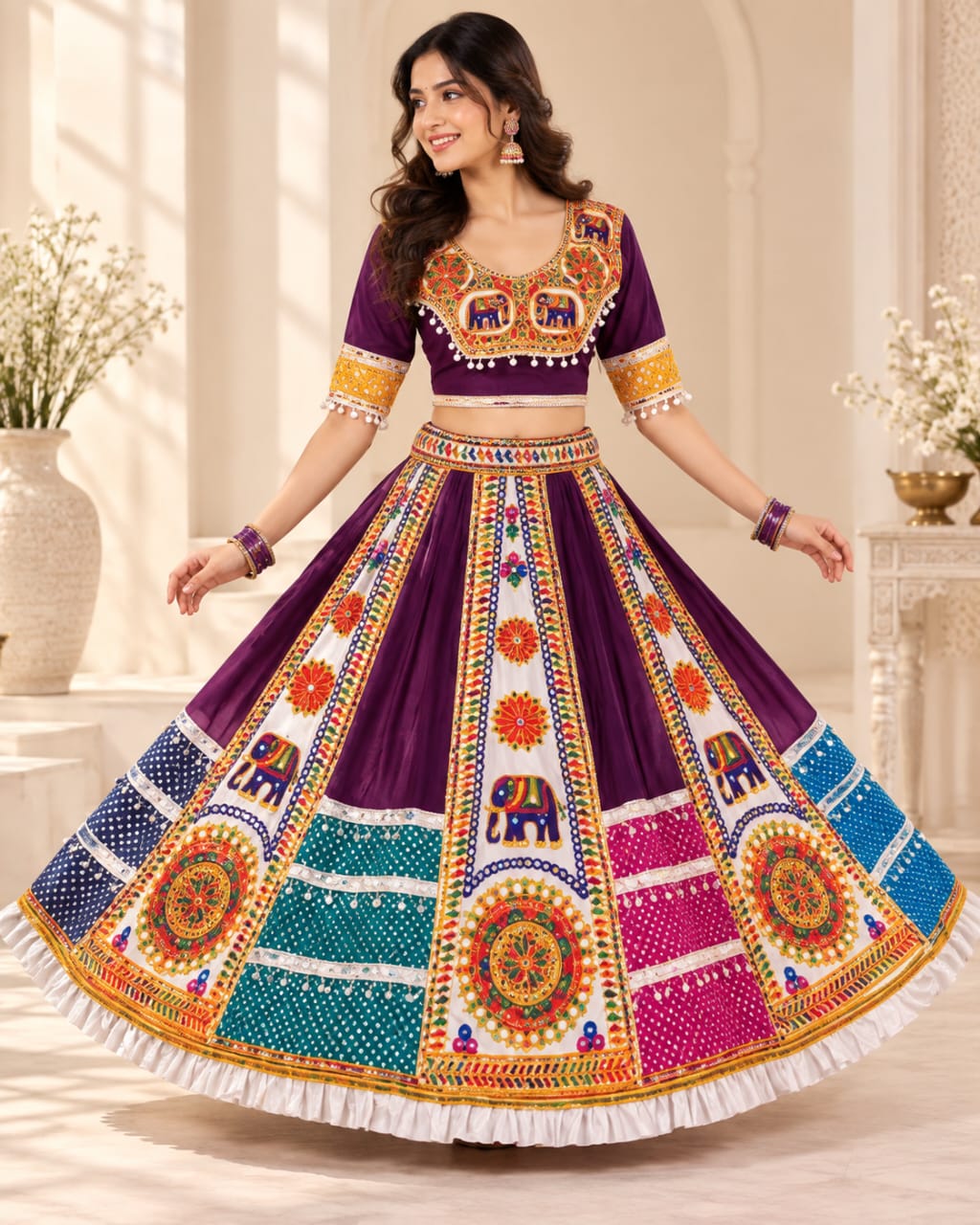 Traditional Purple Multi-Patch Navratri Chaniya Choli Set - View 2