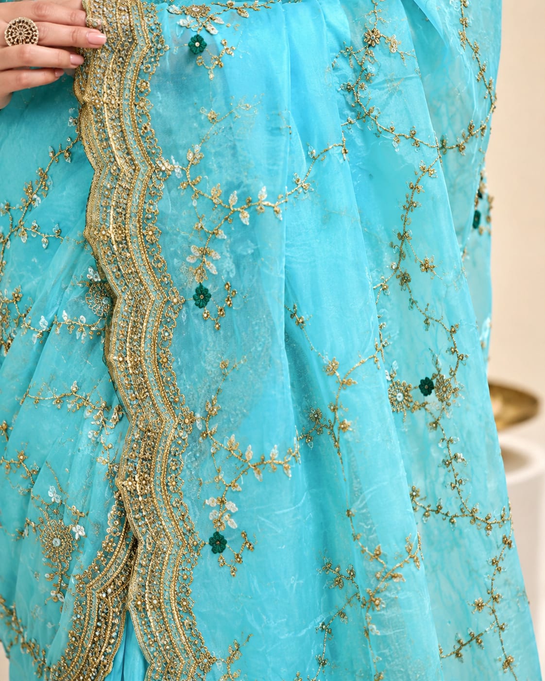 Sky Blue Fandy Silk Designer Saree with Stitched Blouse - View 3