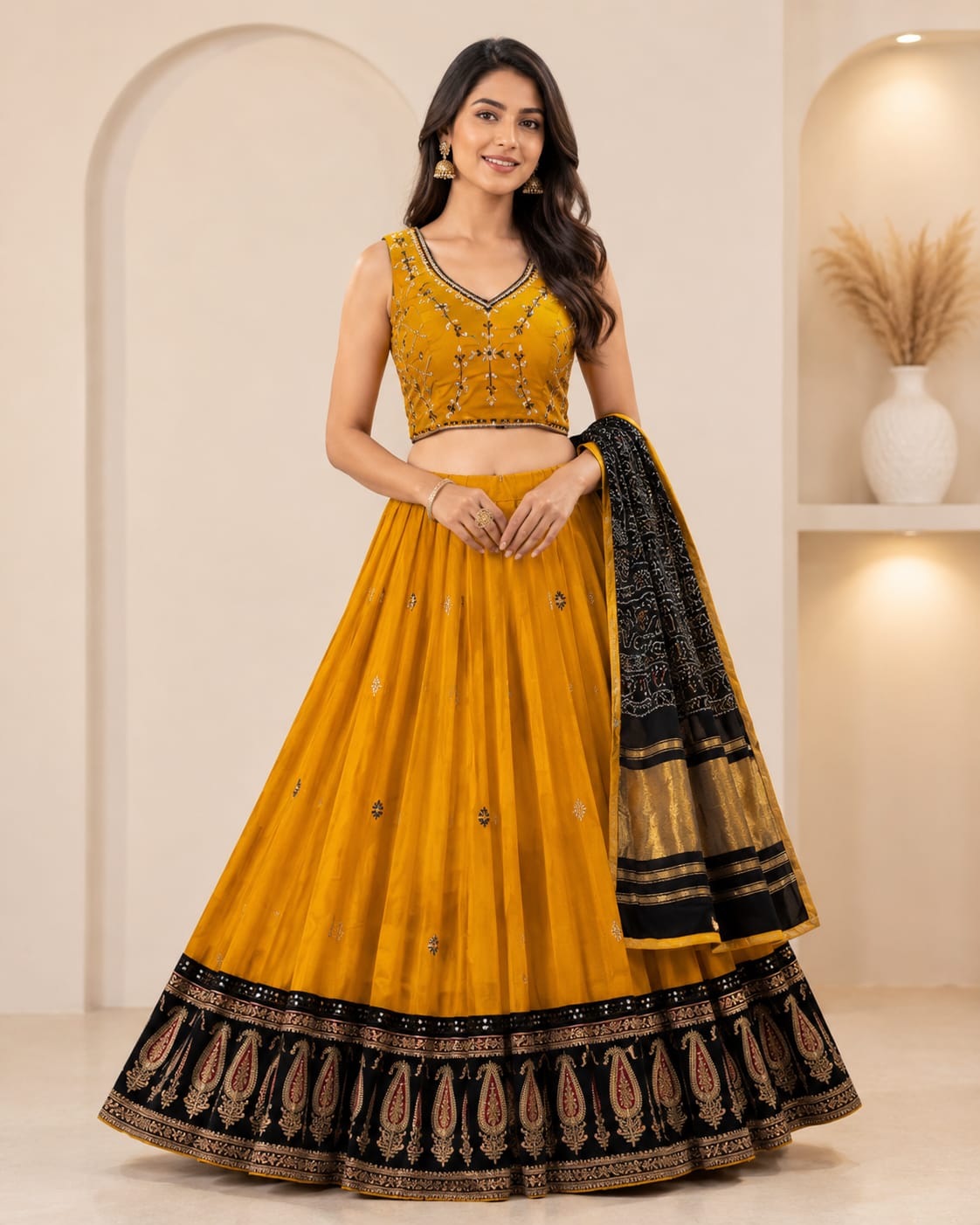 Mustard Yellow Chaniya Choli with Heavy Ajrakh Border Skirt