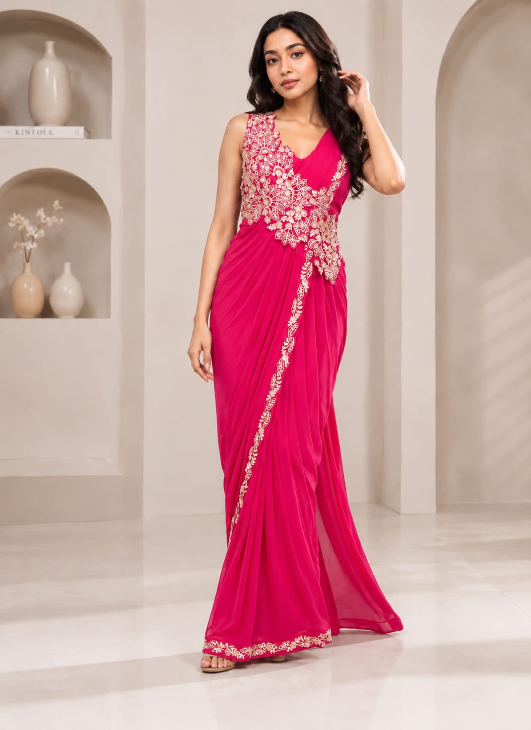 Ready-to-Wear Embroidery Cording Work Pink Saree with Blouse