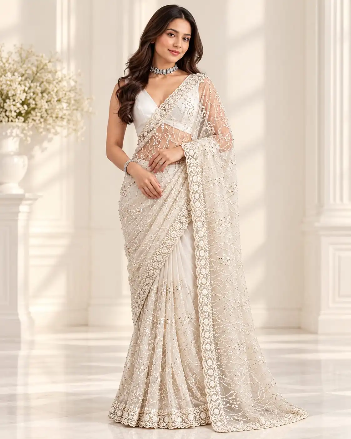 White Bollywood Sequins Embroidery Net Saree | Designer Party Wear