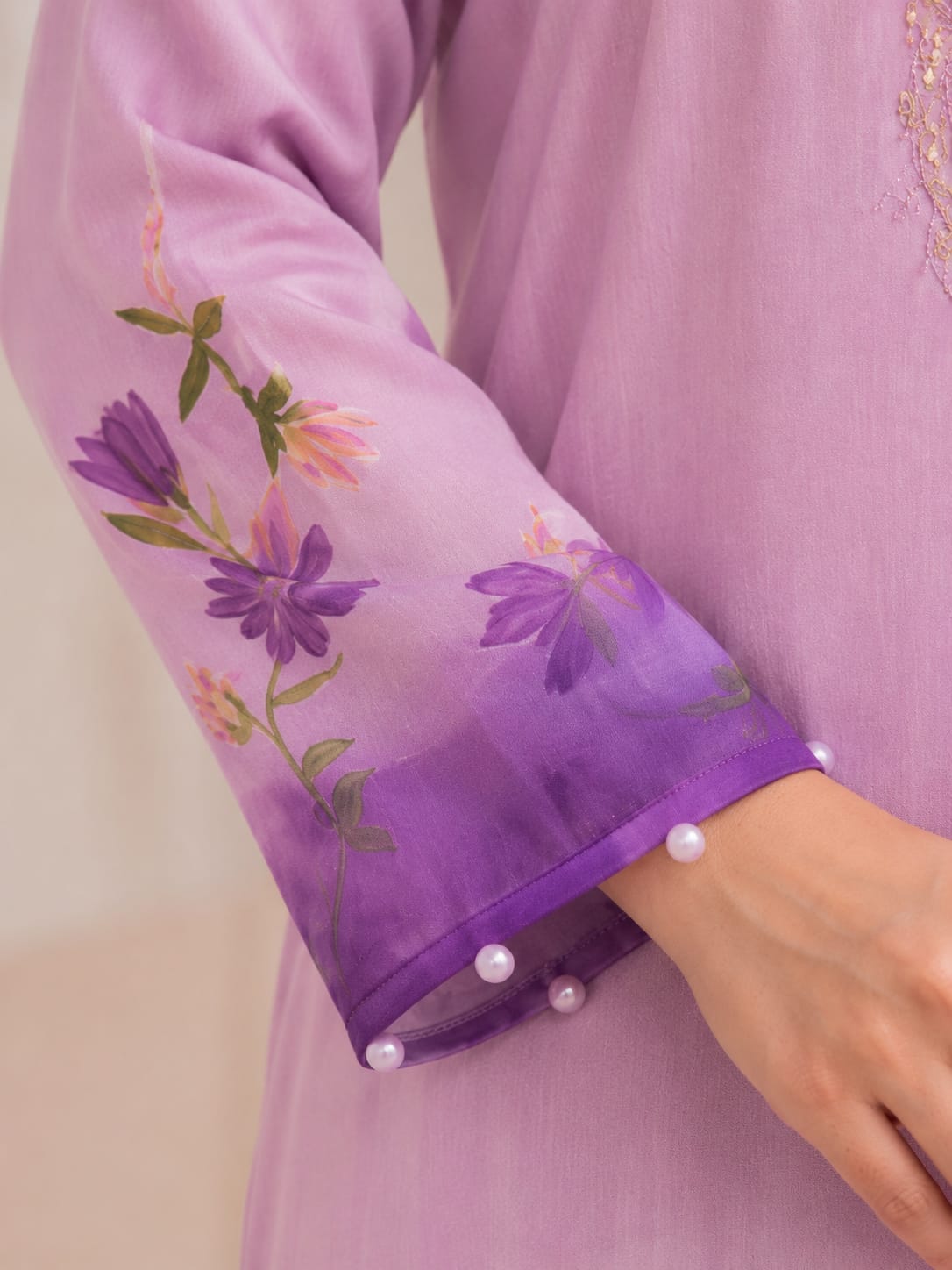 Lavender Soft Silk Kurti, Pant & Dupatta Set - View 3