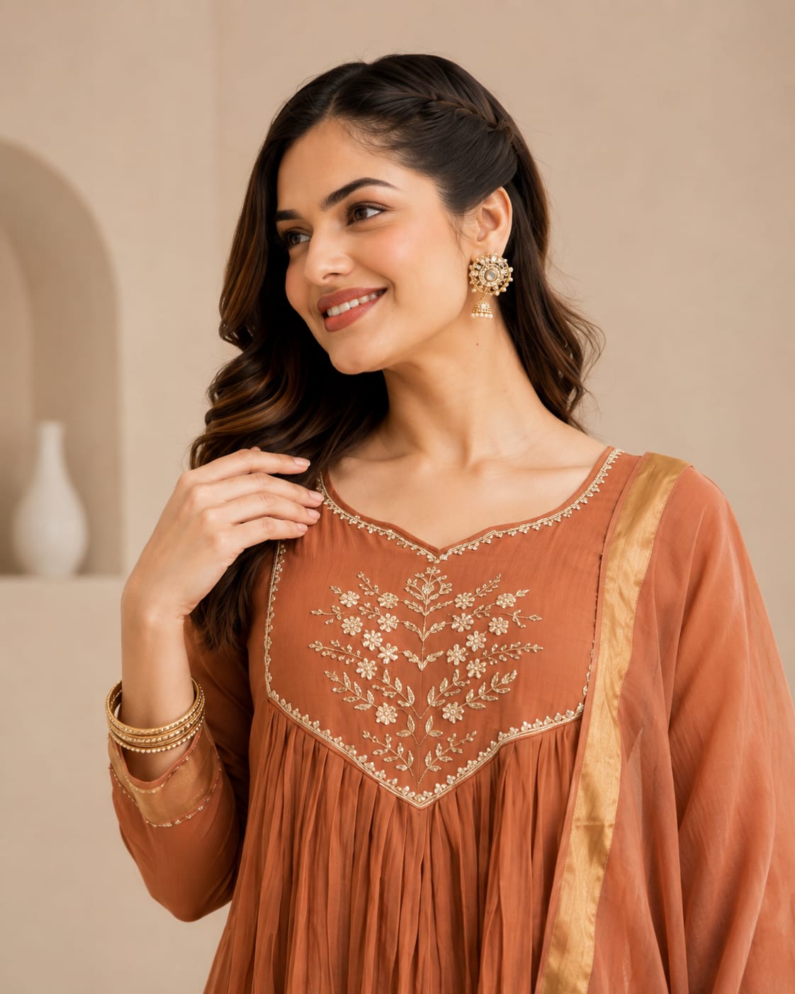 Cotton Anarkali Suit Set And Chanderi Dupatta - View 2