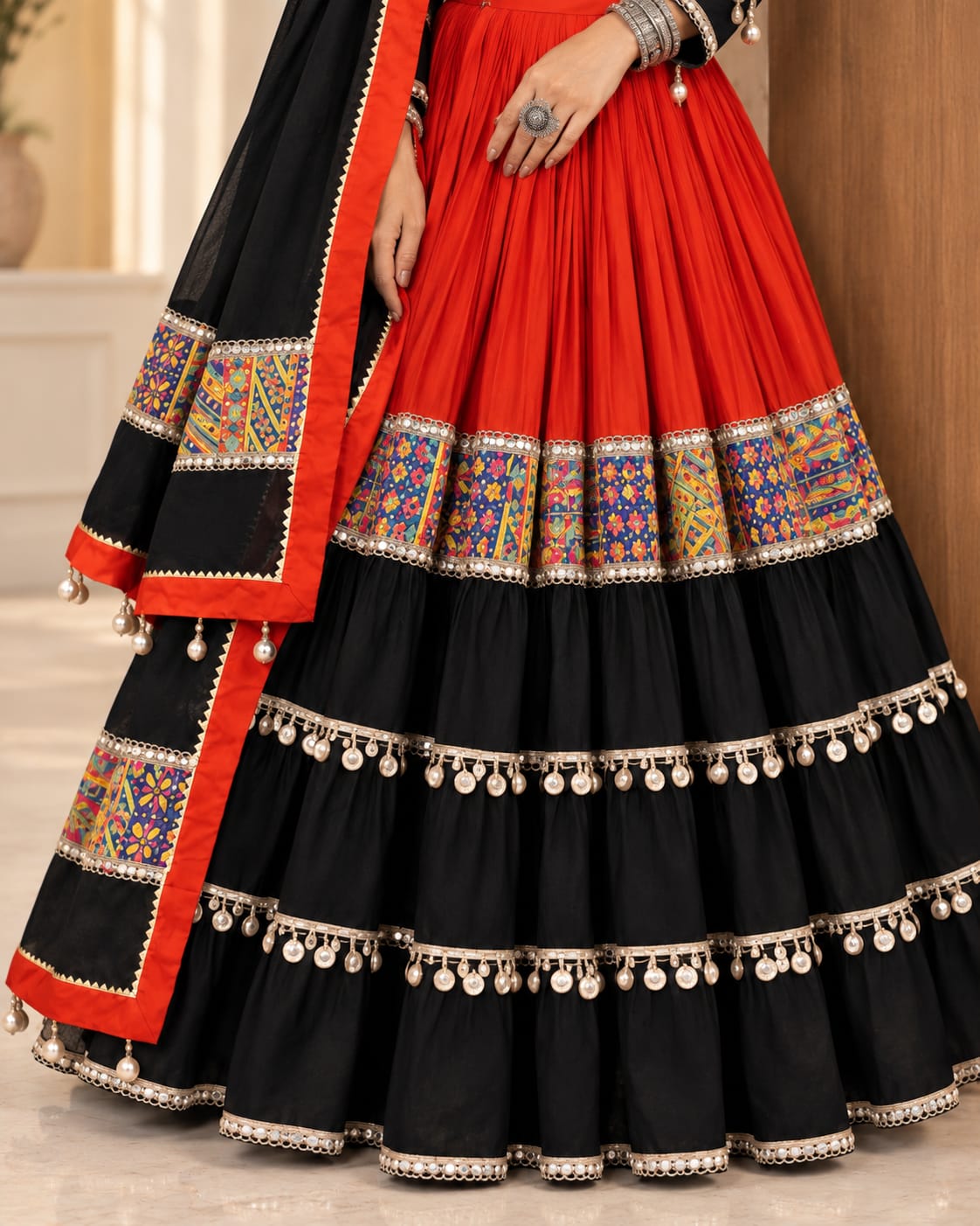 Black and Red Pure Cotton Navratri Special Lehenga Choli Set - View 4