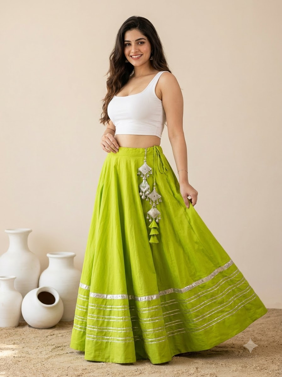 Lime Green Rayon Cotton Heavy Lace Chaniya (Only Skirt) - View 3