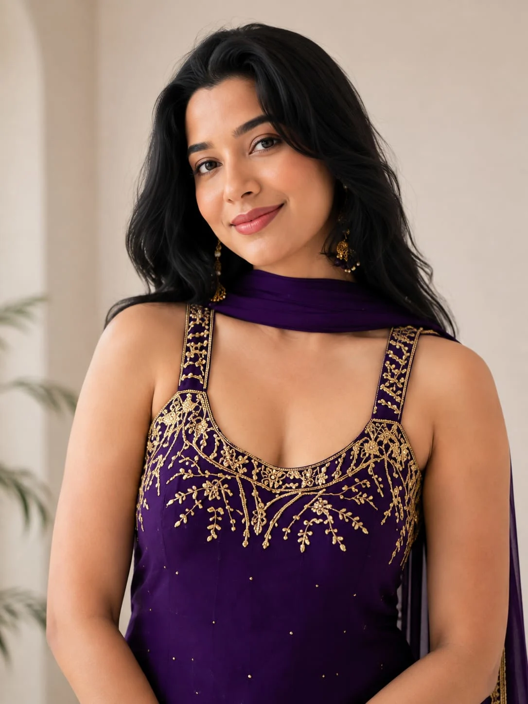 Purple Faux Georgette Top Palazzo & Dupatta Set - View 3