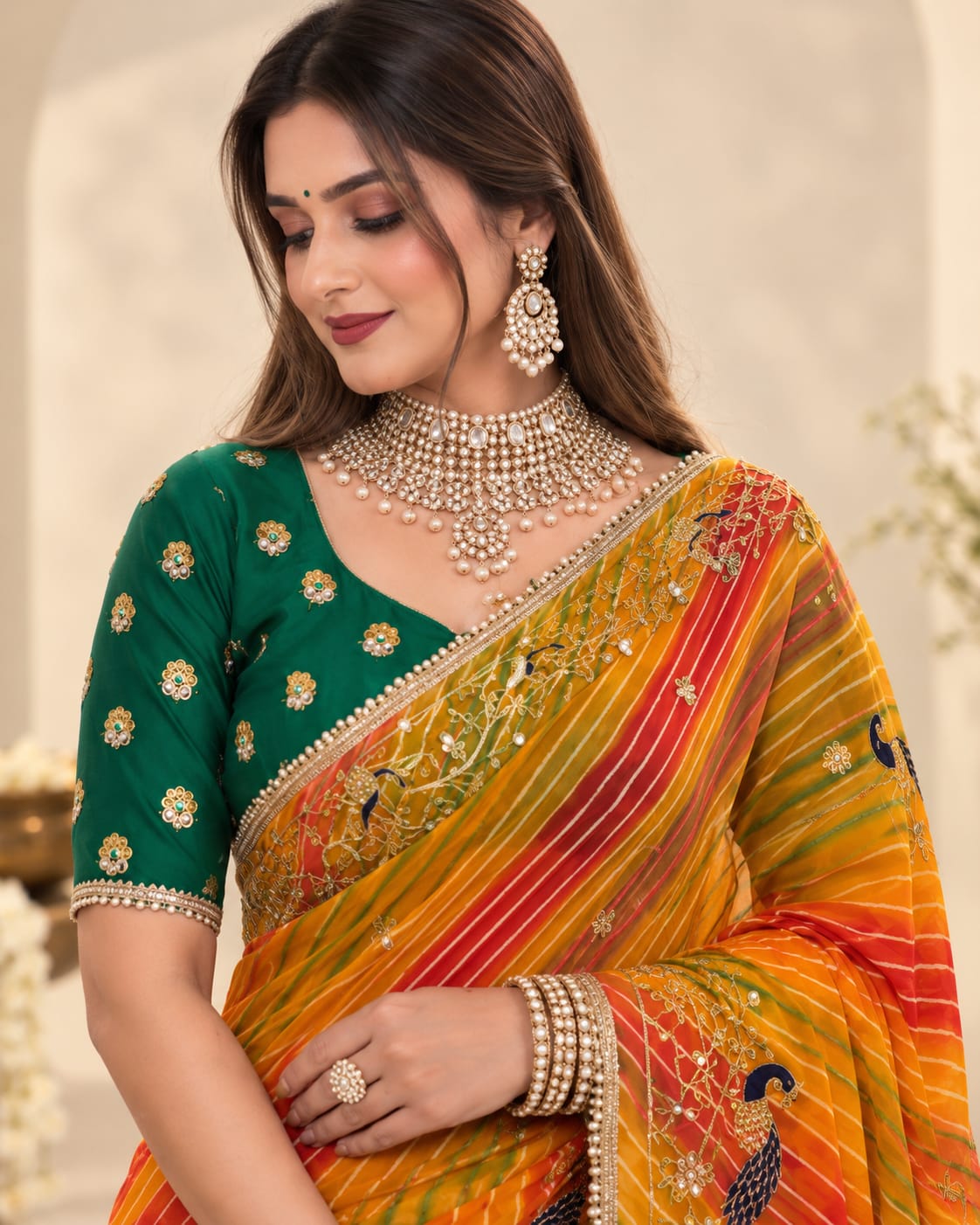 Mustard-Yellow Leheriya Georgette Saree with Peacock Motifs | No Blouse - View 2
