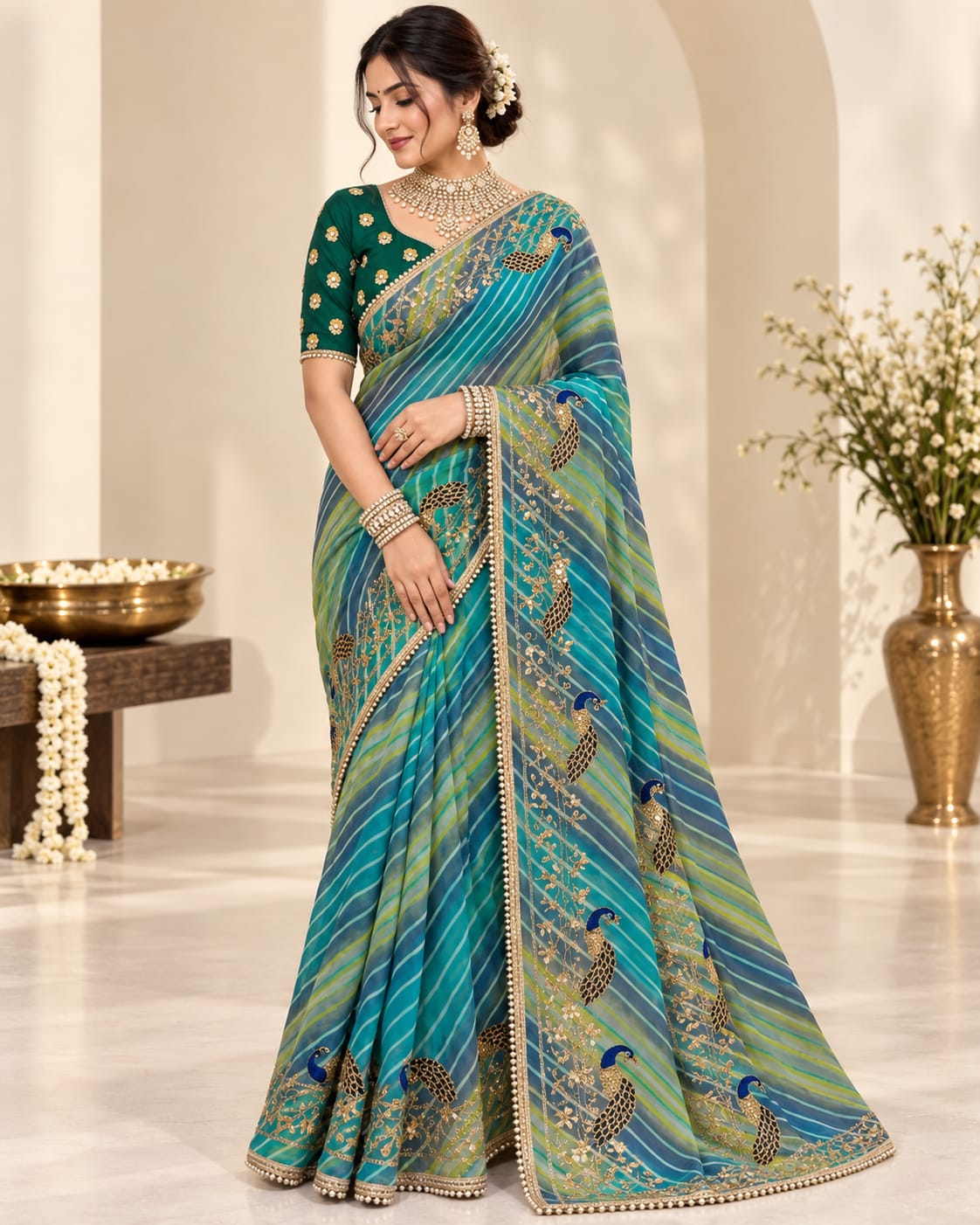 Blue & Green Leheriya Georgette Saree with Peacock Motifs | No Blouse - View 4