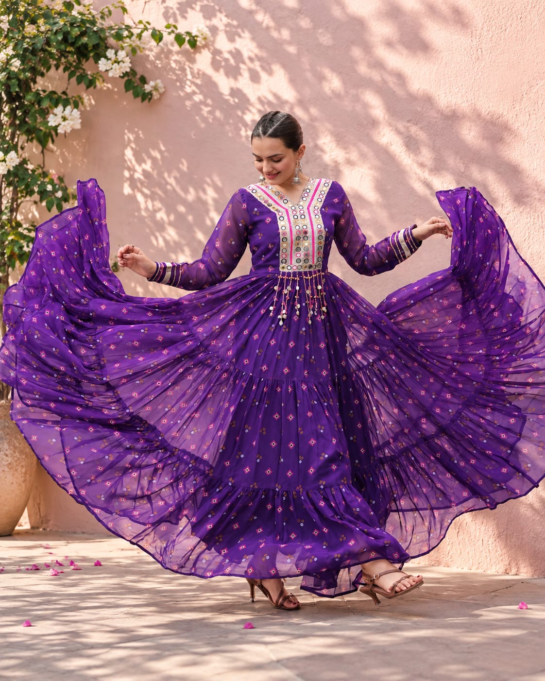 Purple Georgette Navratri Gown with V-Neck Mirror Work - View 2