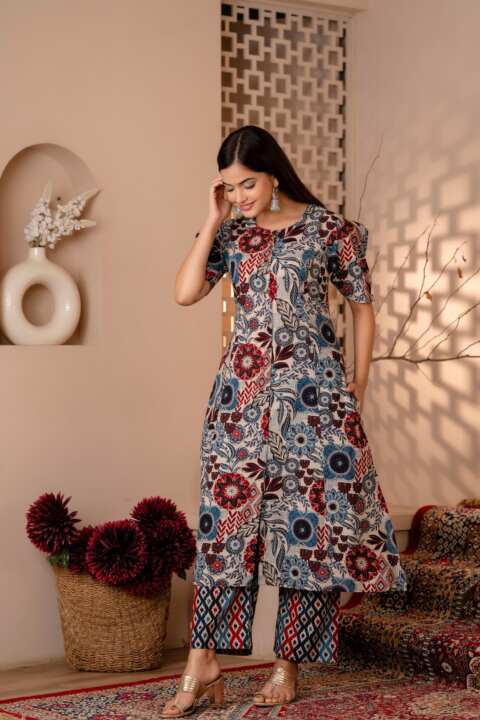 Multicolor Floral Printed Kurta Set with Geometric Pants