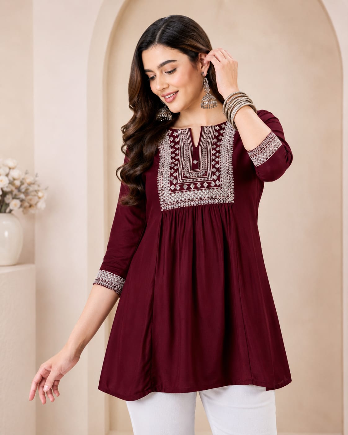 Maroon Rayon Top with Sequence Work