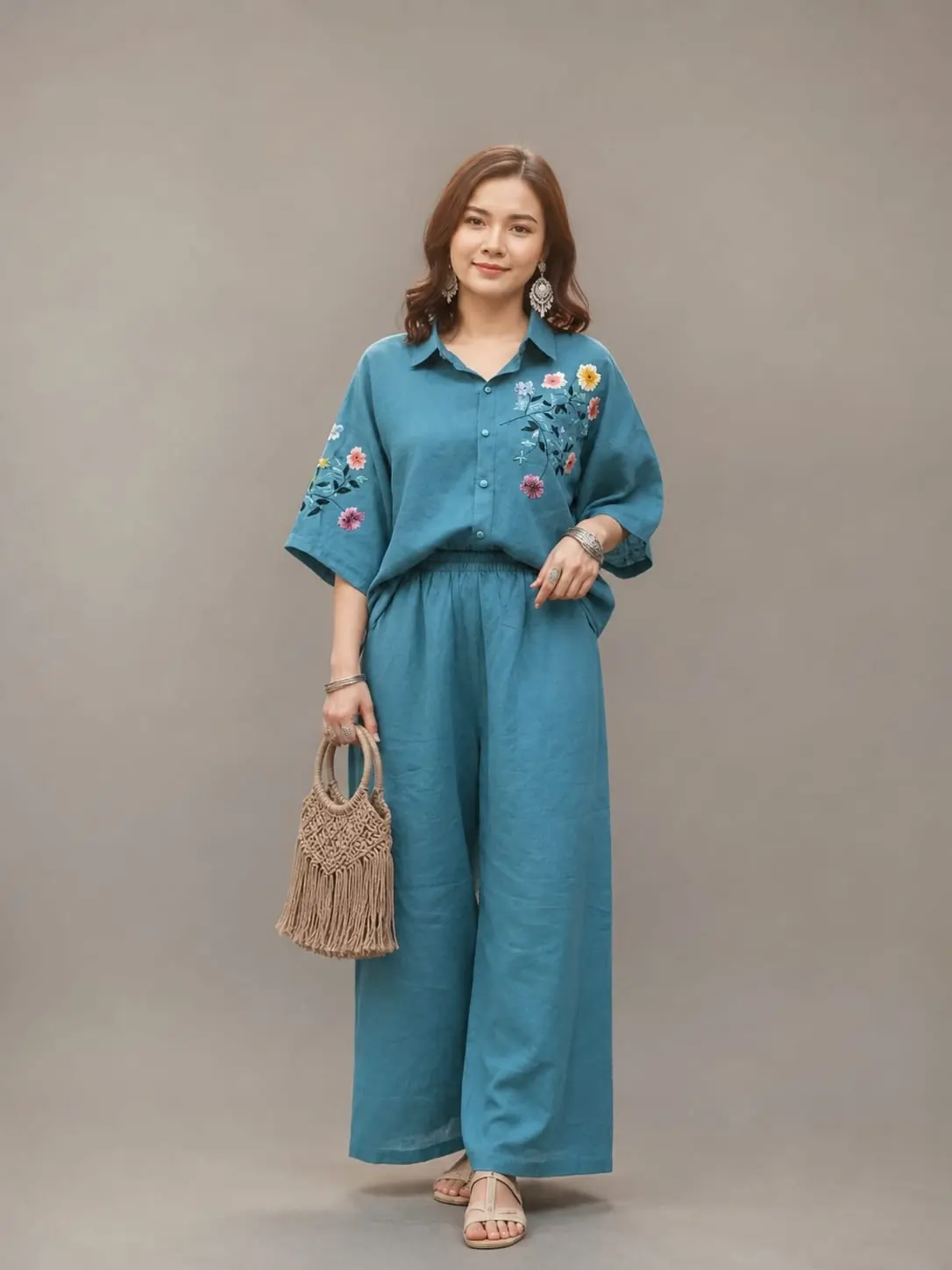 Blue Embroidered Cotton Co-ord Set