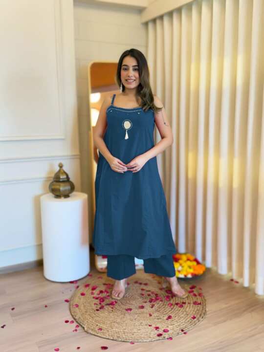 Teal Blue Strappy Kurta Set with Mirror Embellishment