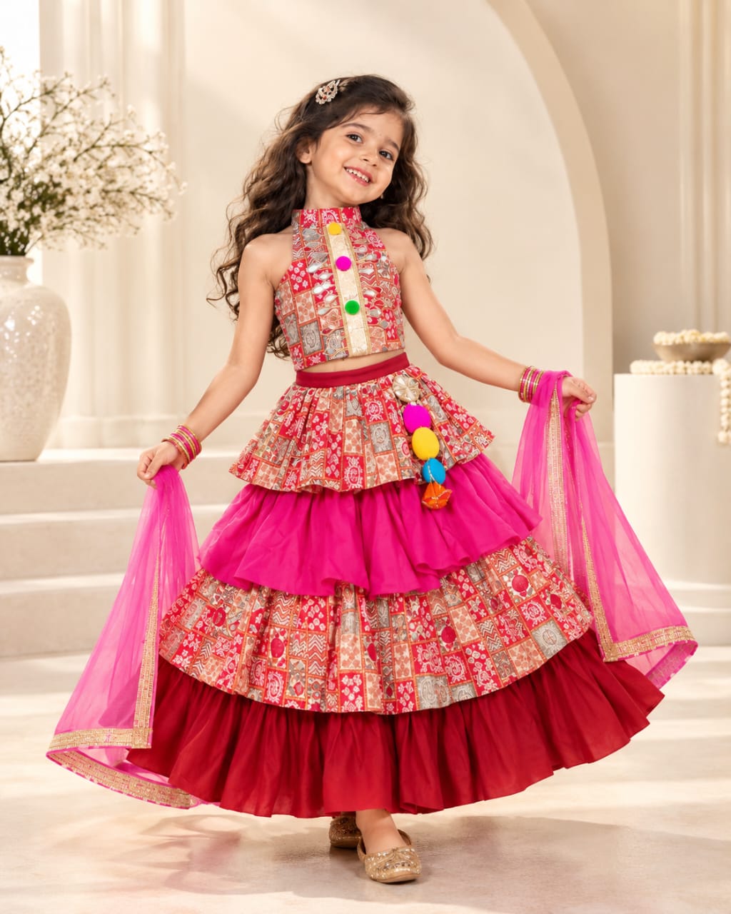 Kids Dandiya Special Lehenga Choli with Mirror Work & Dupatta - View 3