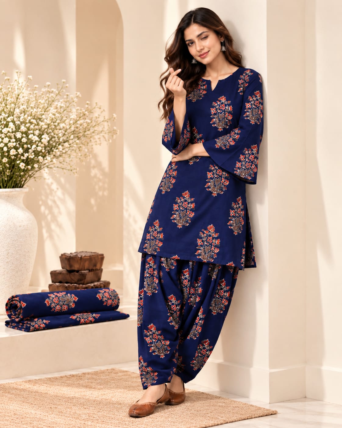 Royal Blue Floral Print Cotton Stitched Farsi Salwar Suit