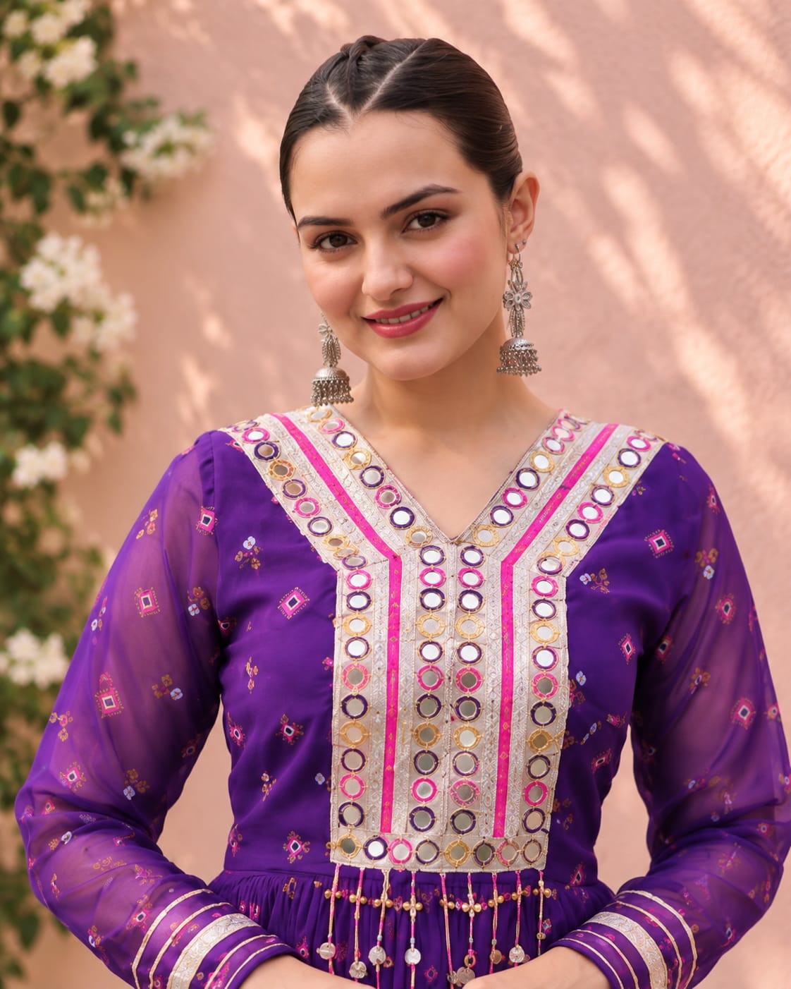Purple Georgette Navratri Gown with V-Neck Mirror Work - View 3