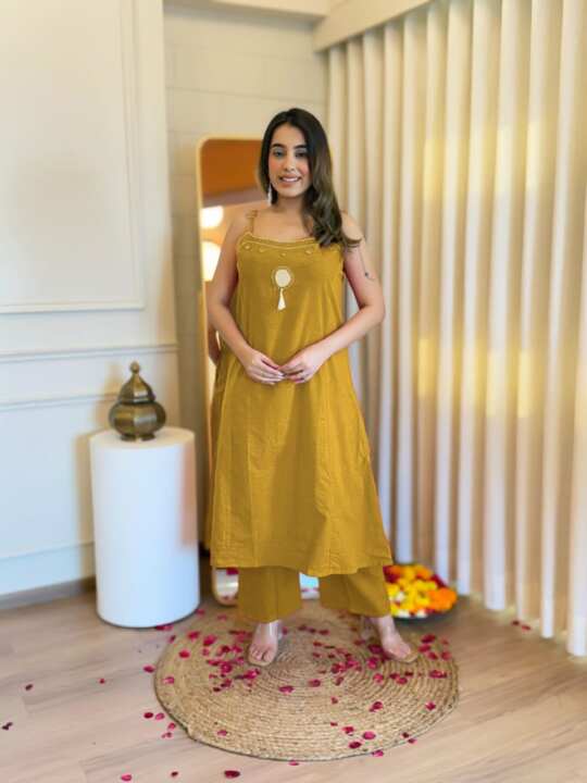 Mustard Yellow Strappy Kurta Set with Mirror Work