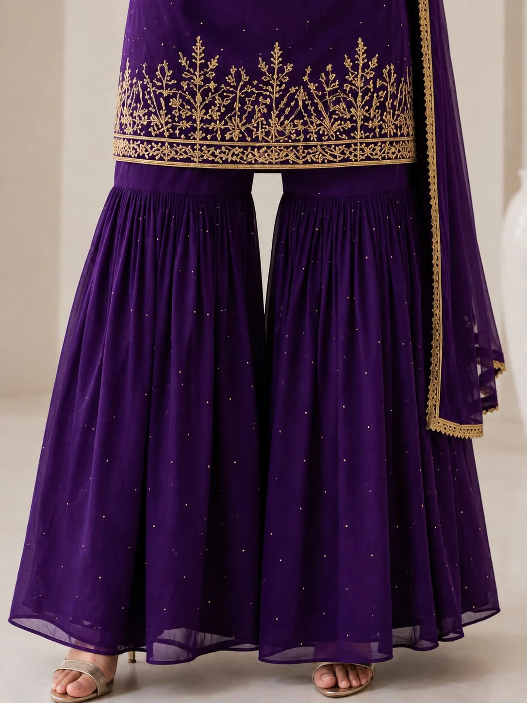 Purple Faux Georgette Top Palazzo & Dupatta Set - View 2
