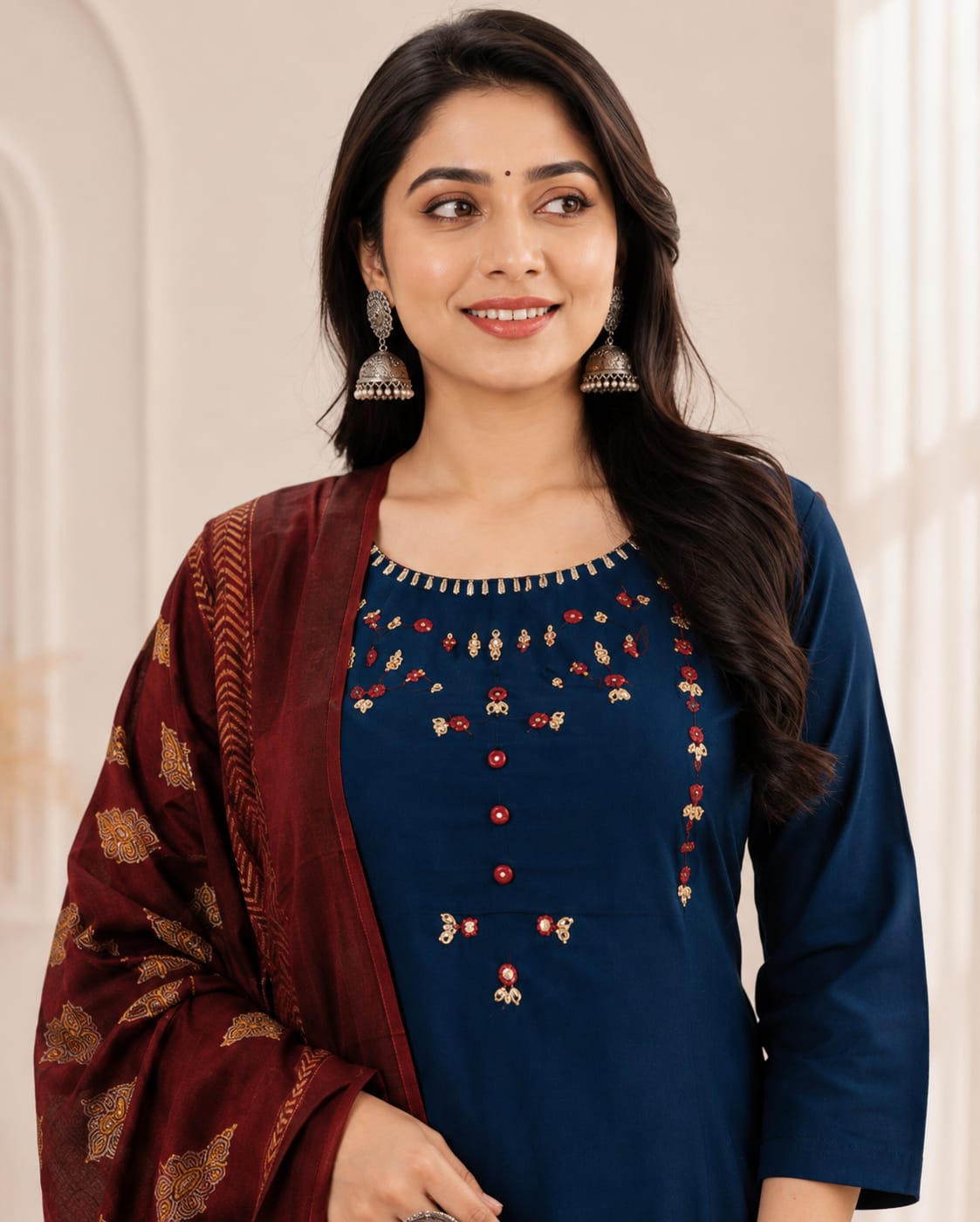 Deep Blue Cotton Kurti Set with Mulmul Printed Dupatta - View 2