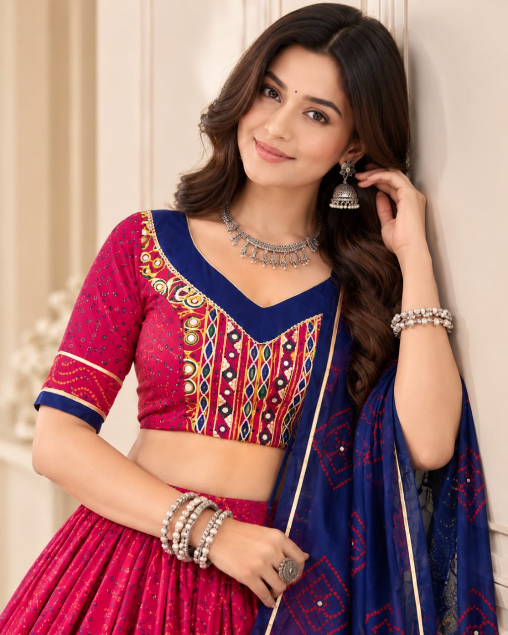 Pink & Blue Tasar Silk Bandhej Print Chaniya Choli Set - View 3