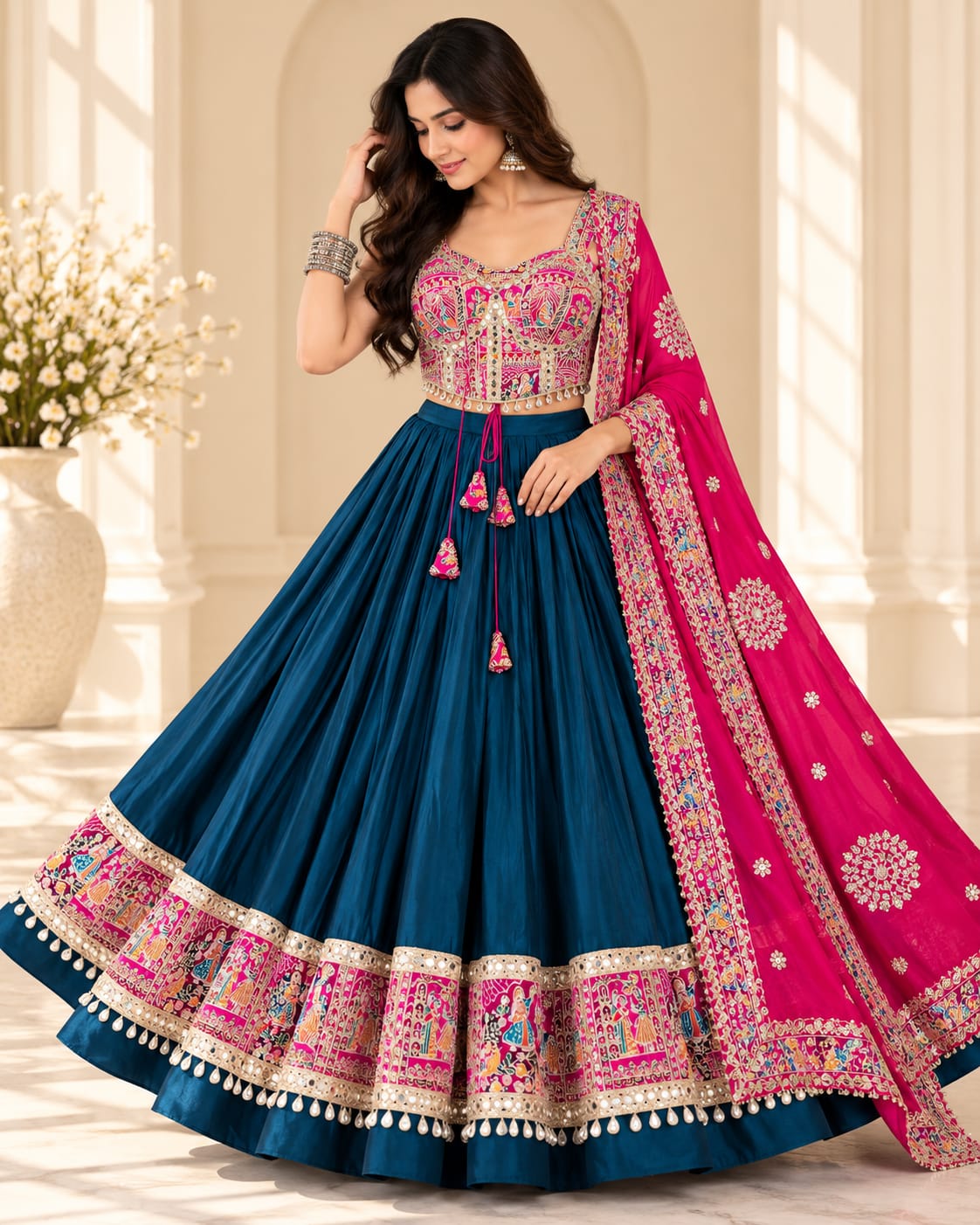 Teal & Pink Heavy Roman Cotton Lehenga Choli Set - View 3