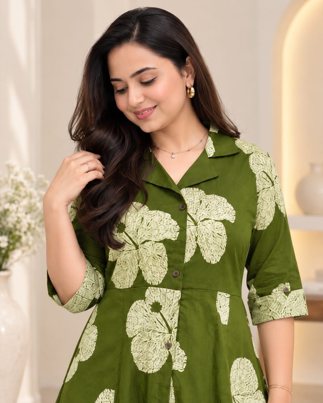Green Floral Printed Cotton Midi Dress - View 2
