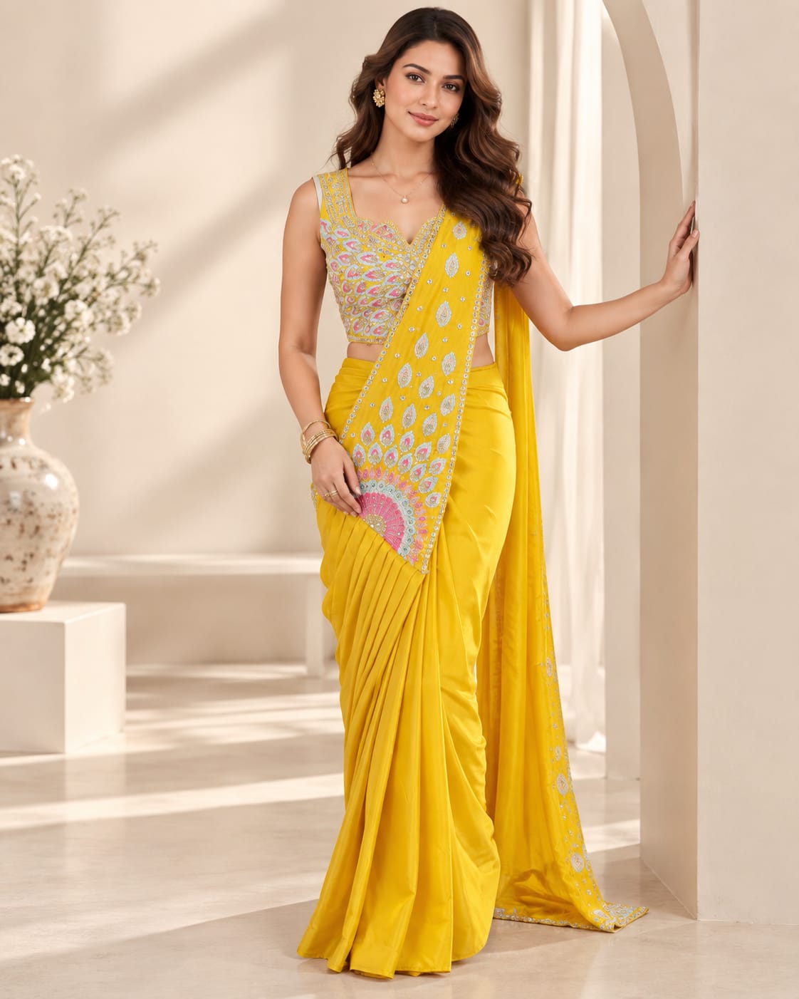 Ready to Wear Yellow Crepe Silk Saree with Sequins Embroidery Work