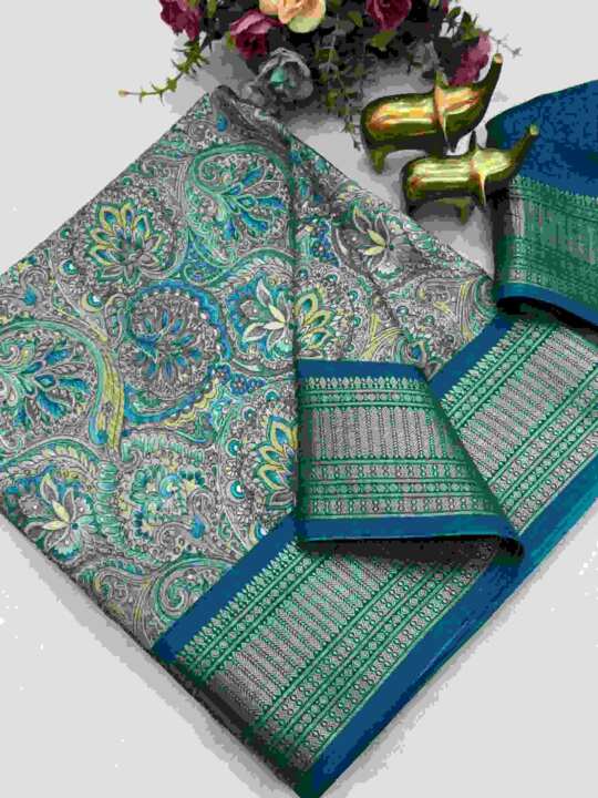 Georgette Allen Checks Saree with Jacquard Border & Blouse (Blue-Green)