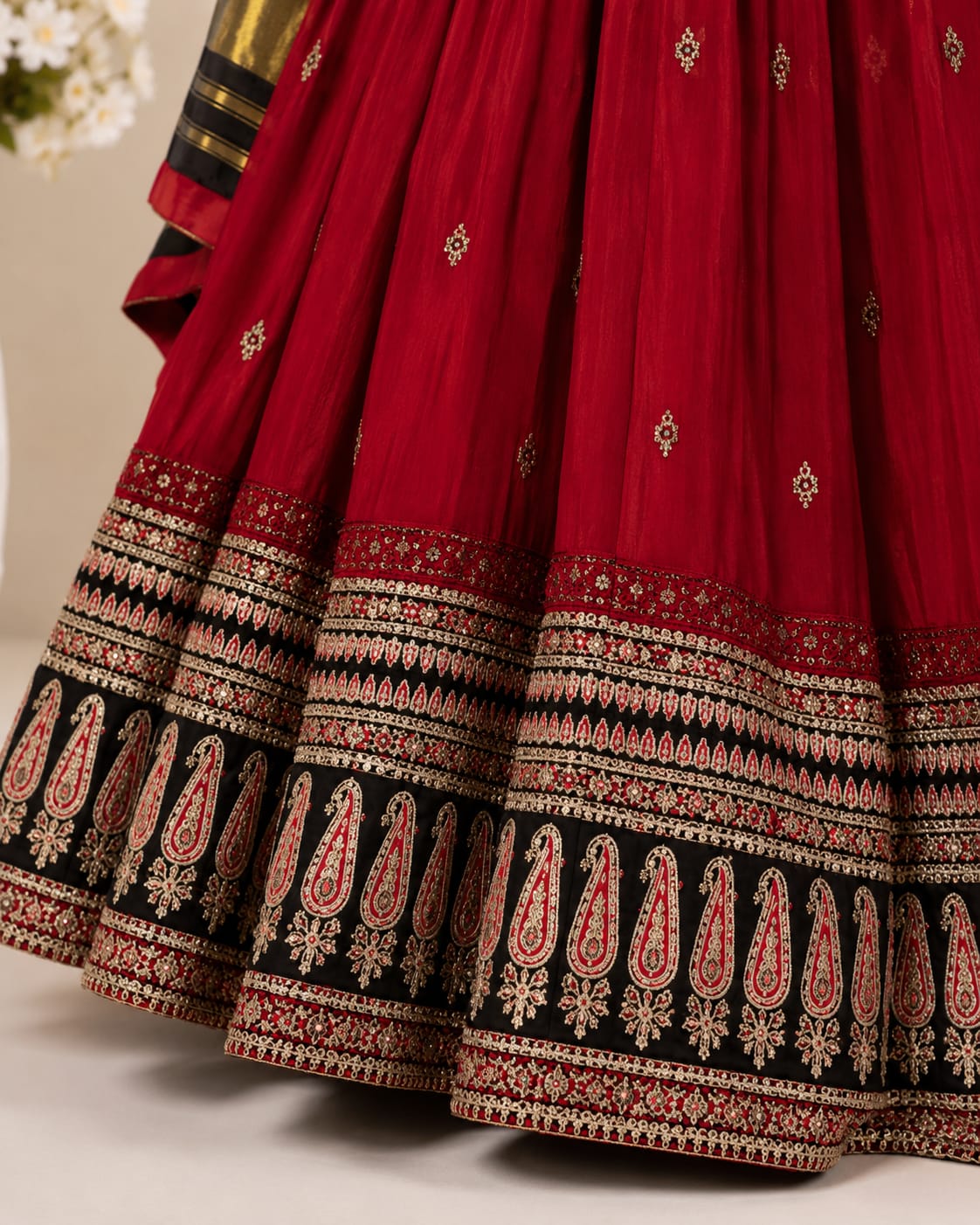 Red Pure Cotton Chaniya Choli with Ajrakh Border Skirt - View 3