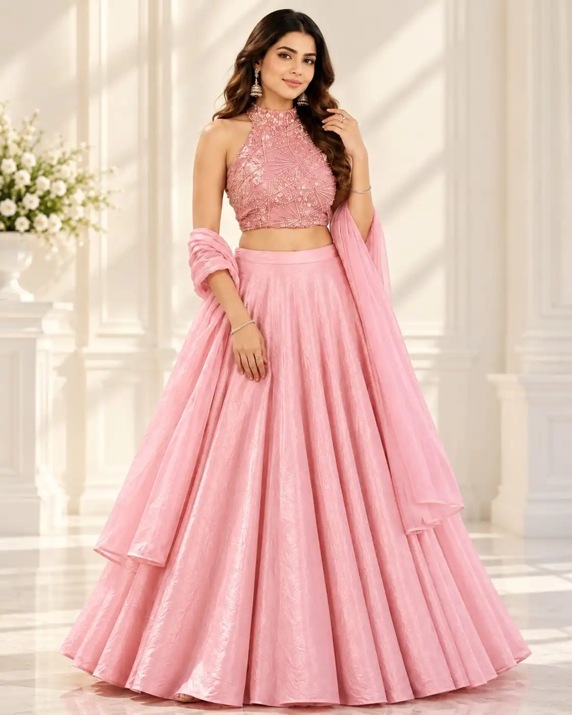 Pink Fendy Silk Beads Work Halter Neck Lehenga Set - View 3