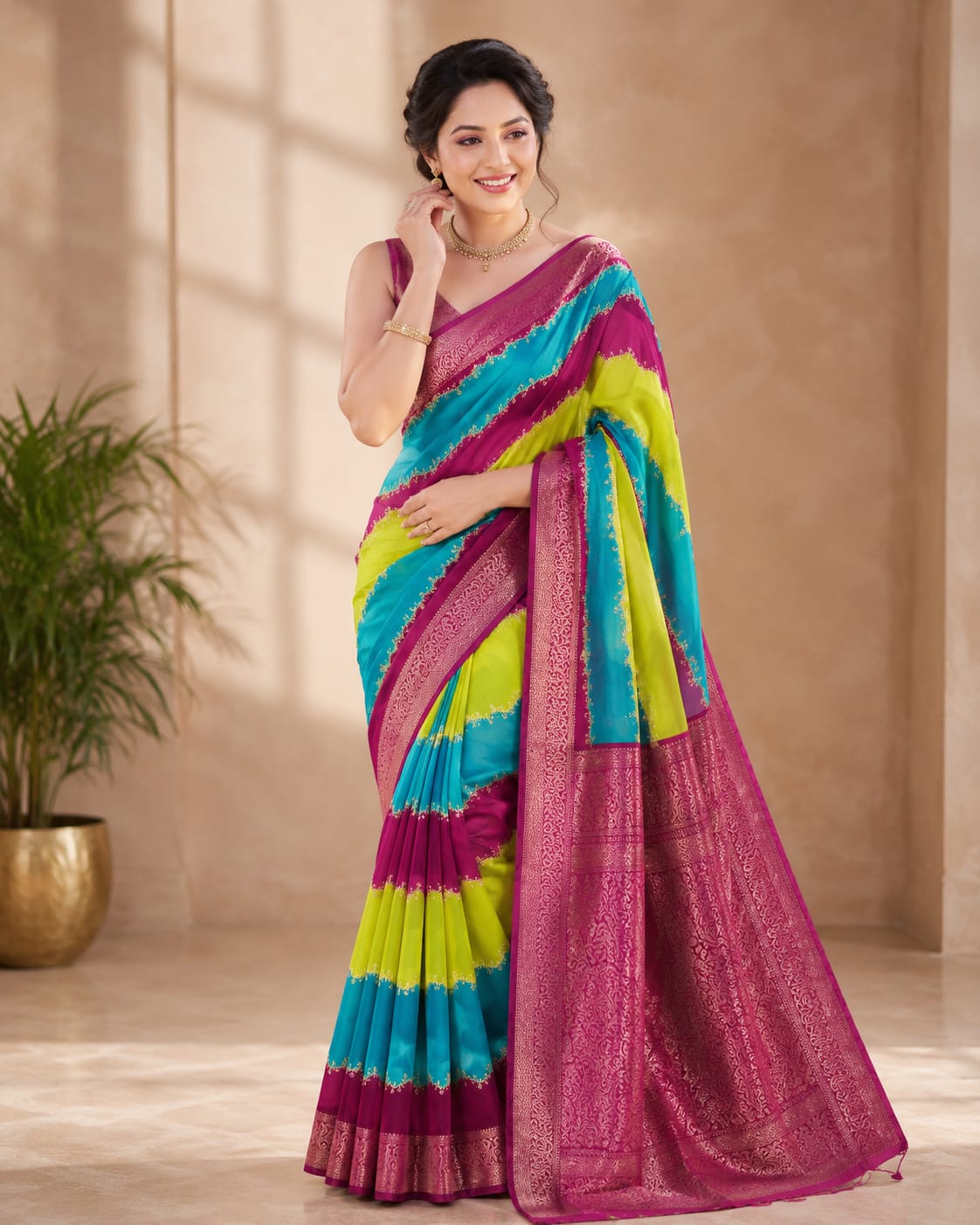 Chiffon Saree with Banarasi Border & Lahariya Foil Print