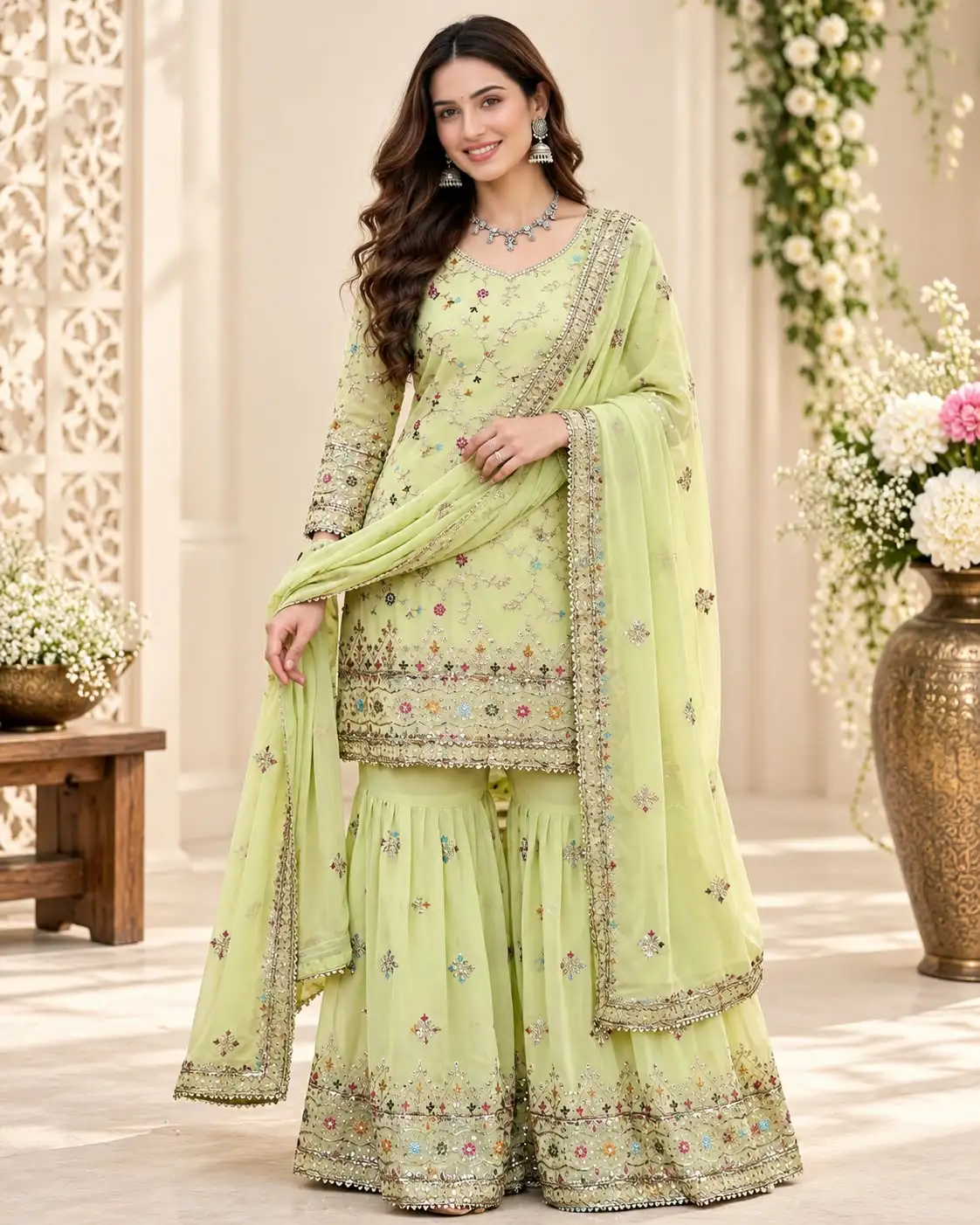 Mint Green Faux Georgette Embroidered Sharara Suit Set