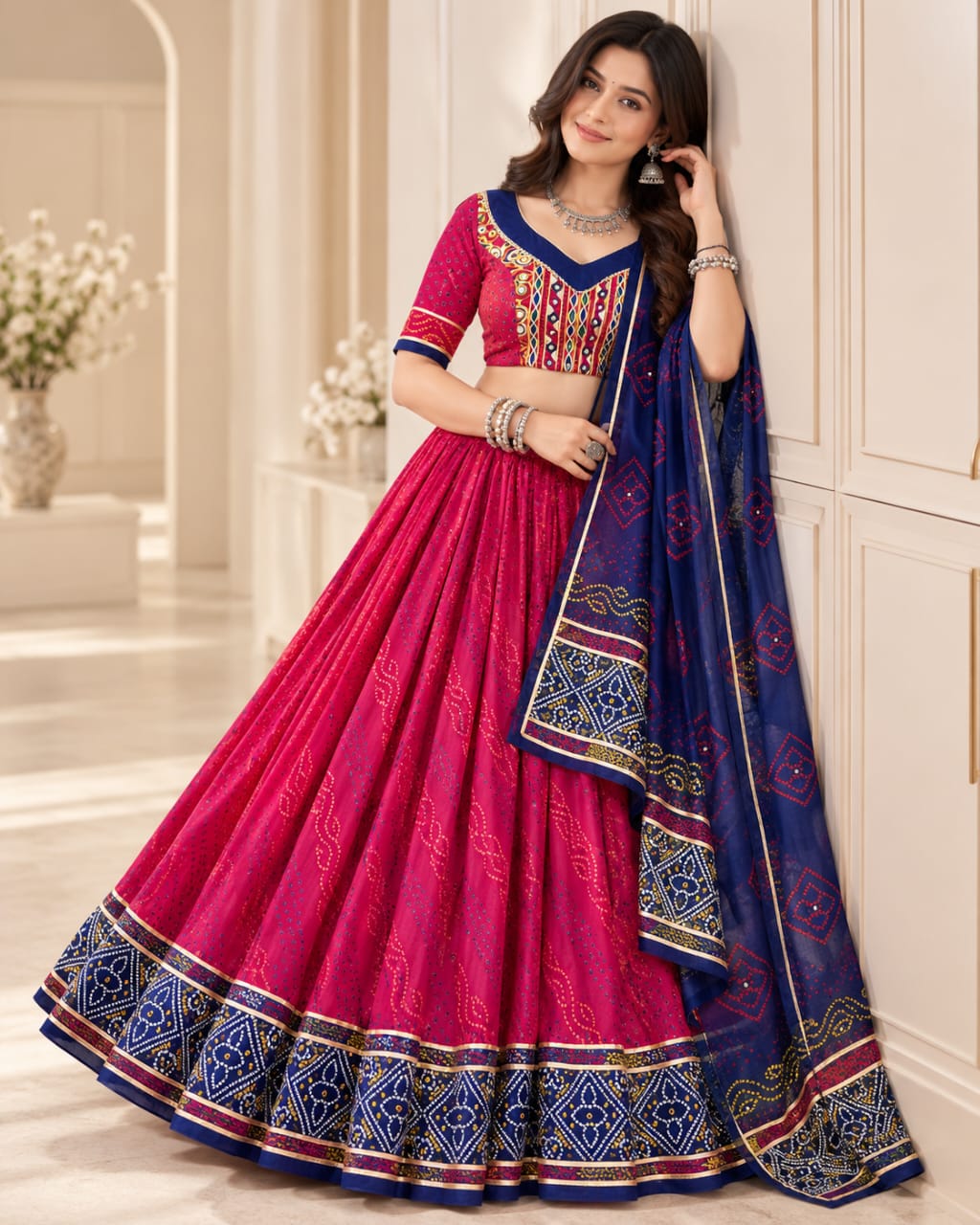 Pink & Blue Tasar Silk Bandhej Print Chaniya Choli Set