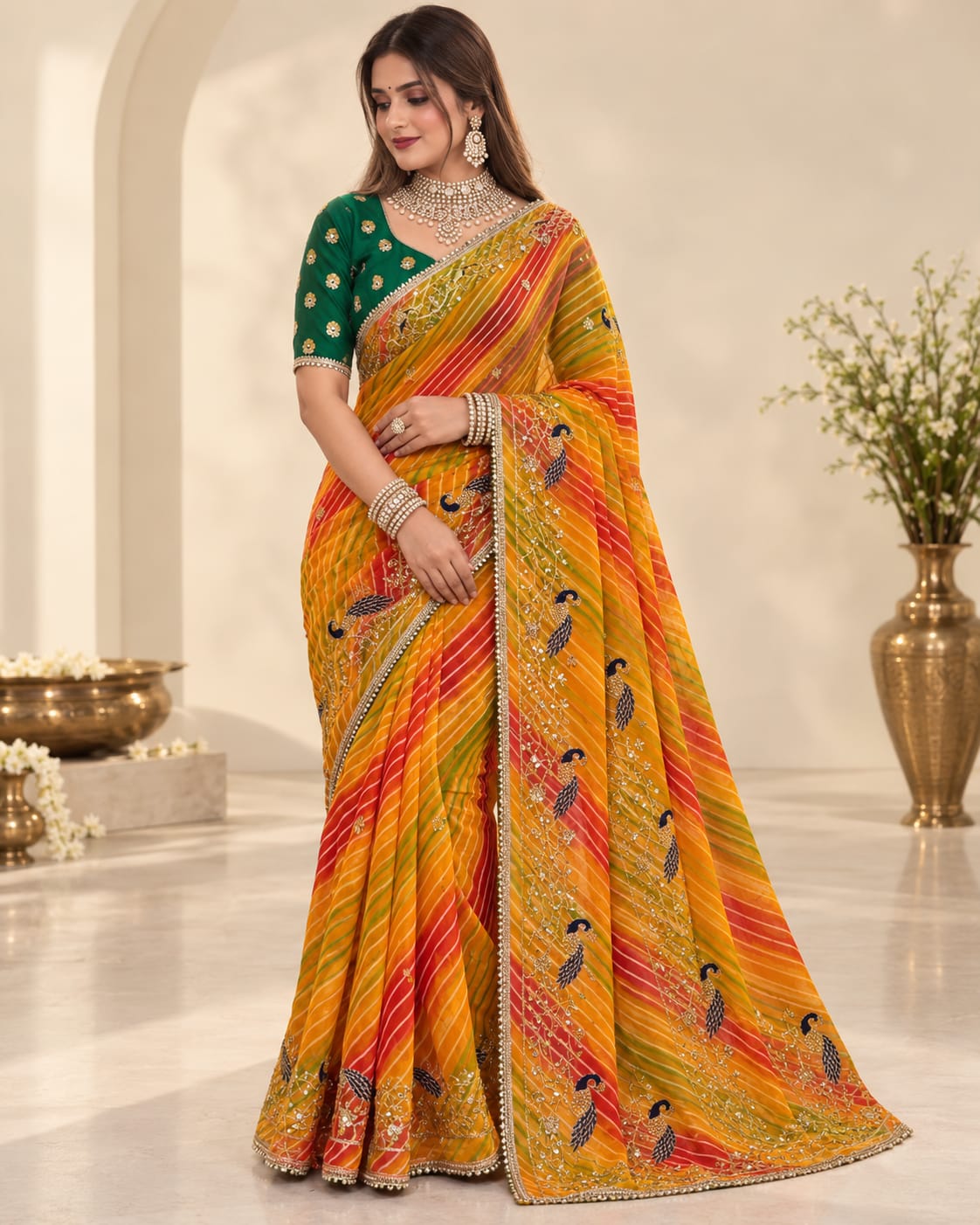 Mustard-Yellow Leheriya Georgette Saree with Peacock Motifs | No Blouse