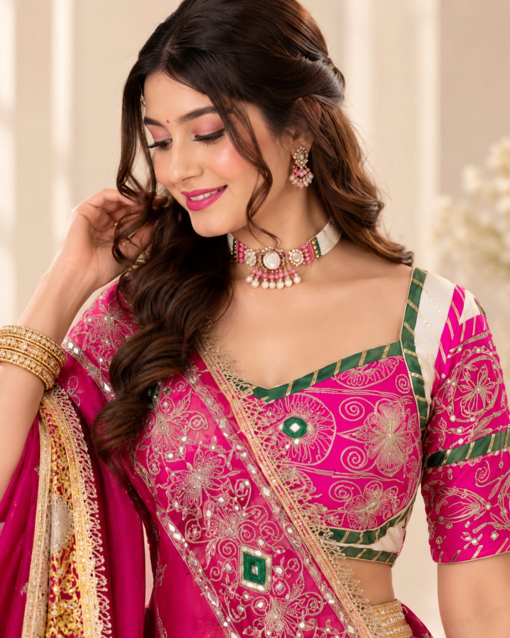 Navratri Special White & Pink Roman Silk Lehenga Choli Set - View 2