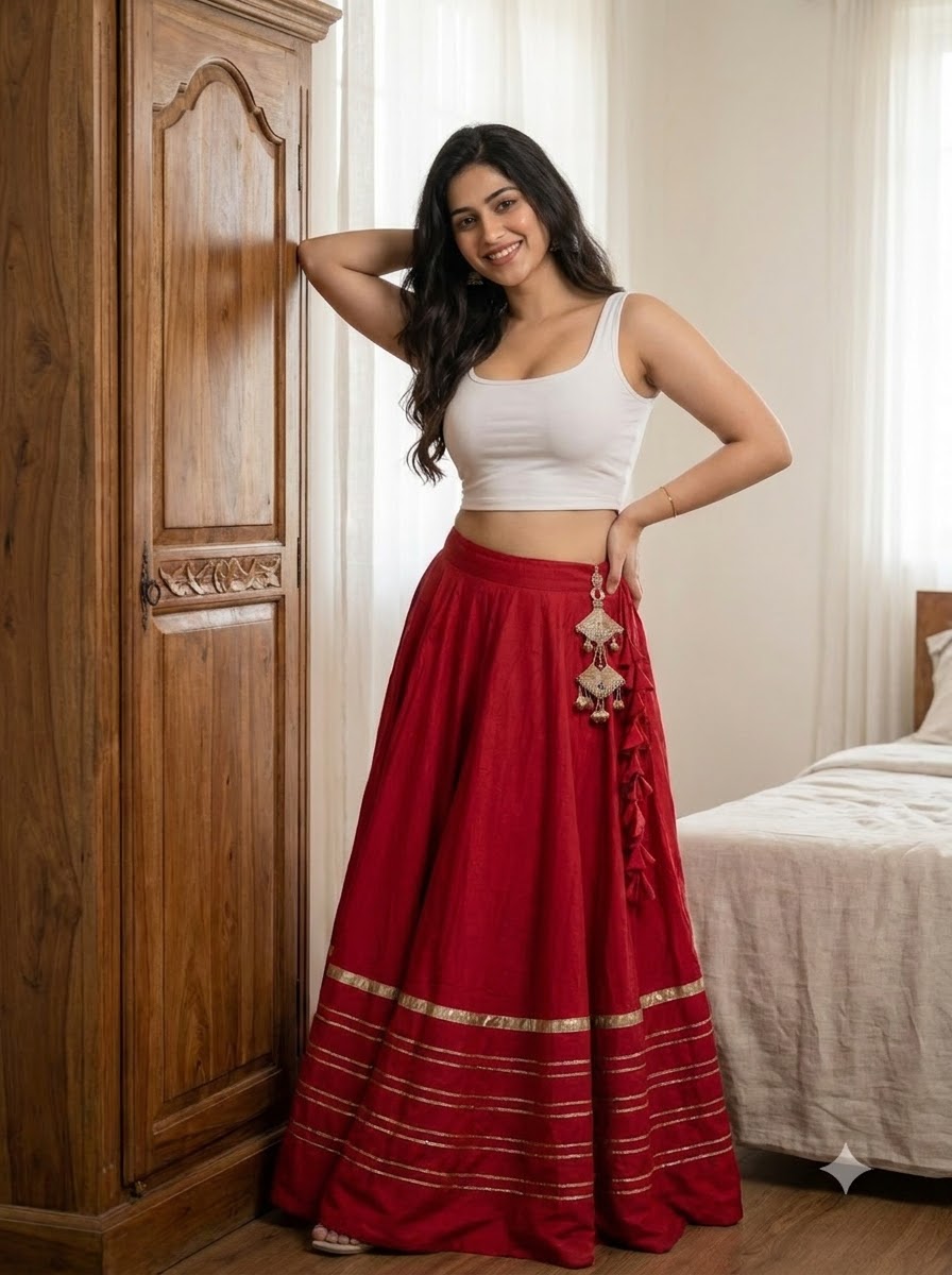Red Rayon Cotton Heavy Lace Chaniya (Only Skirt) - View 2