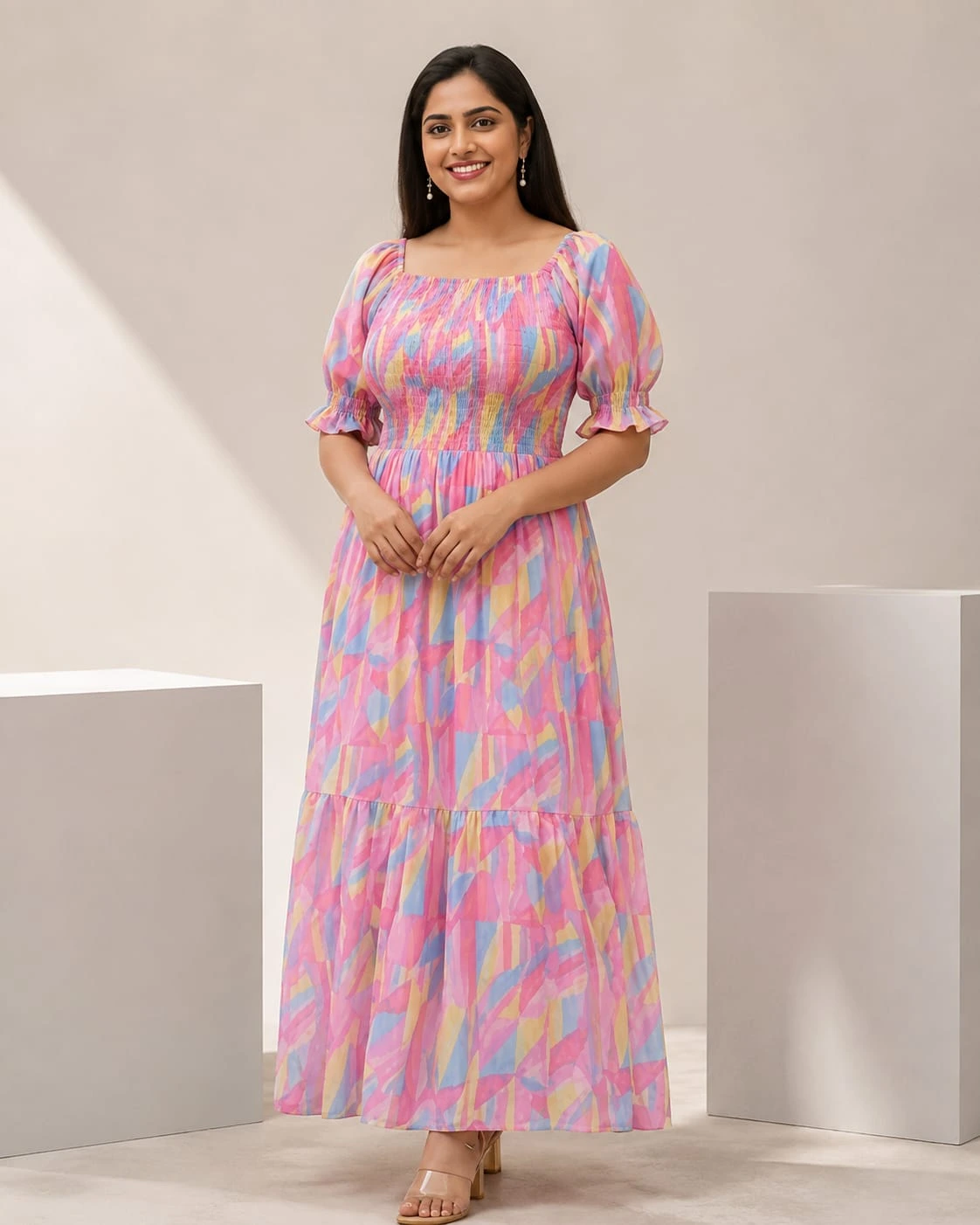 Shiffon Cotton Blend Stitched Maxi (Pink, Blue, Yellow)