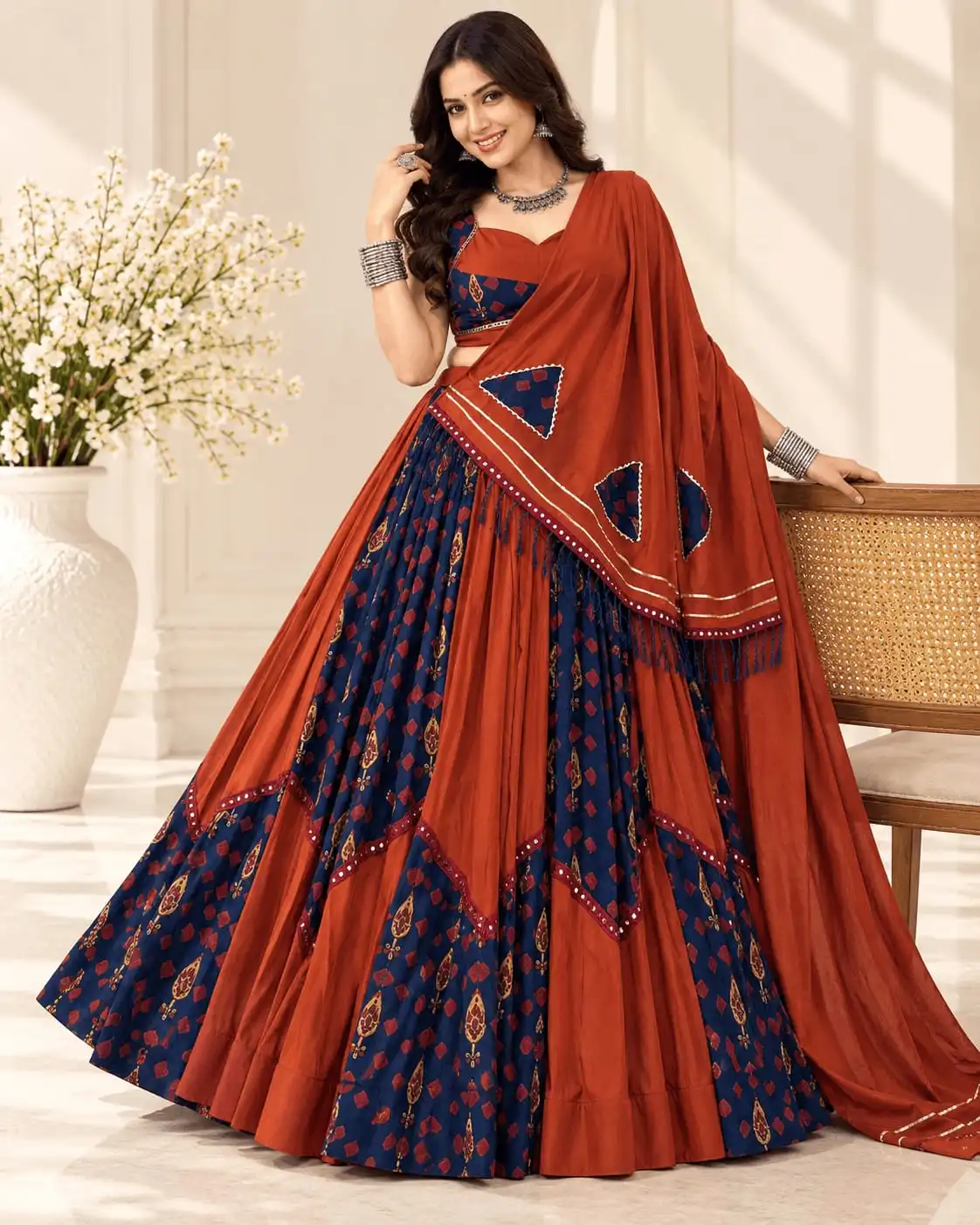 Rust & Navy Blue Rayon Tasar Silk Lehenga Choli Set